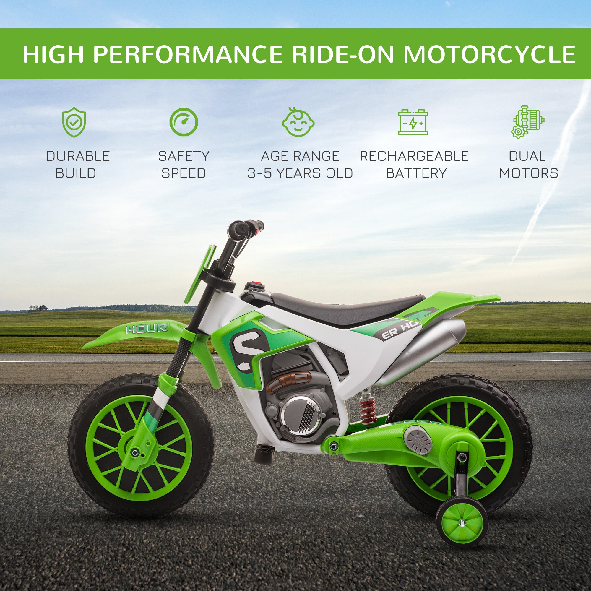 HOMCOM 12V Kids Electric Motorcycle Ride-On, with Training Wheels, for Ages 3-6 Years - Green - North Peak Garden Furniture