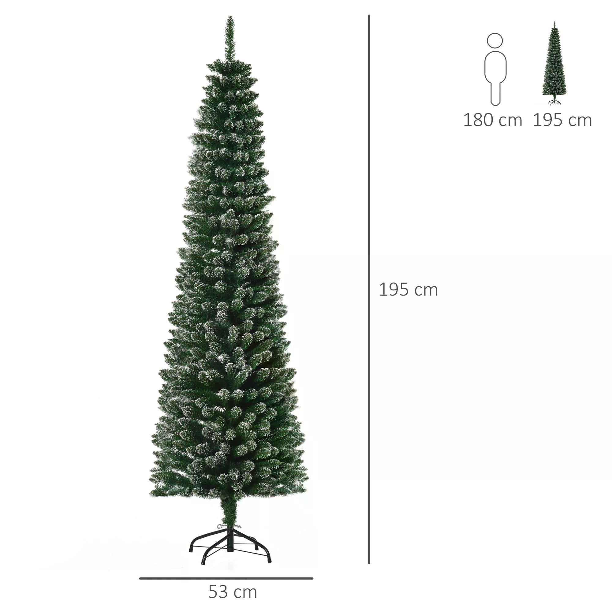 HOMCOM 6FT Artificial Snow Dipped Christmas Tree Xmas Pencil Tree Holiday Home Indoor Decoration with Foldable Black Stand, Green