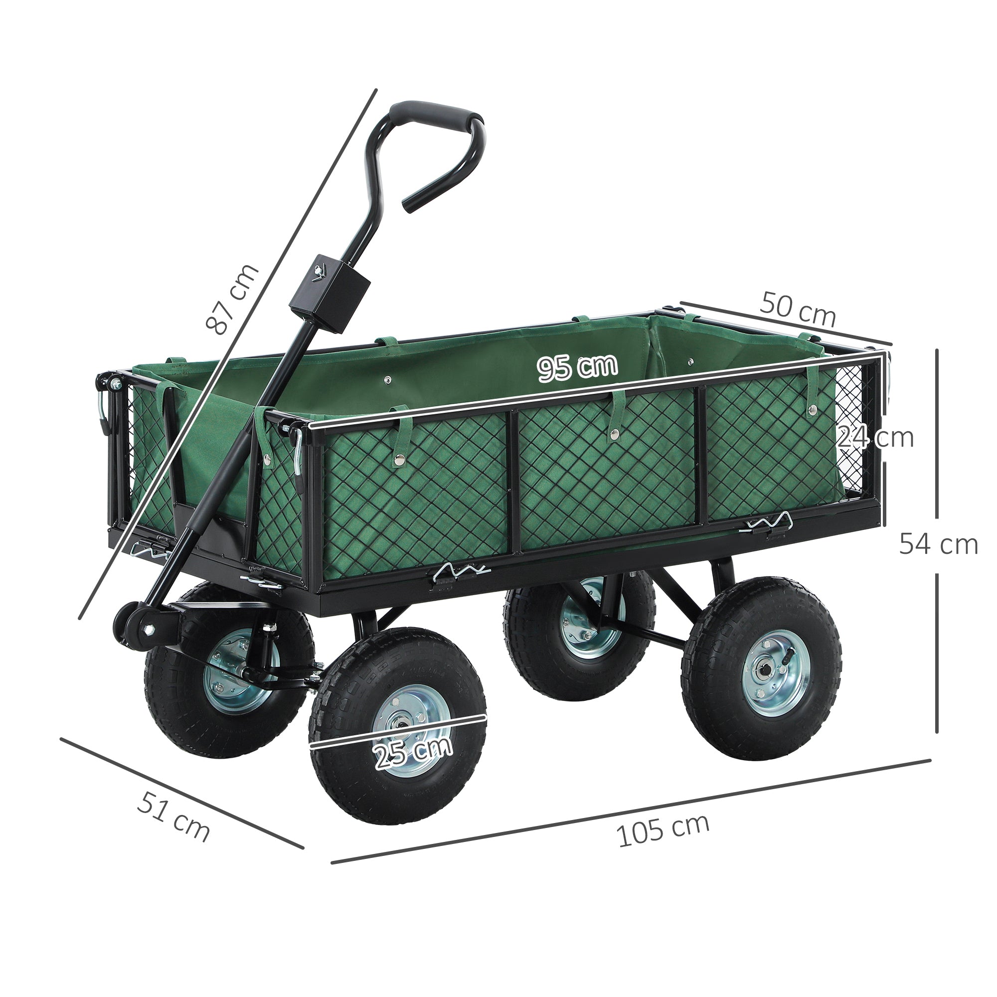 Outsunny 114L Steel Frame Garden Cart Trolley - Green - North Peak Garden Furniture
