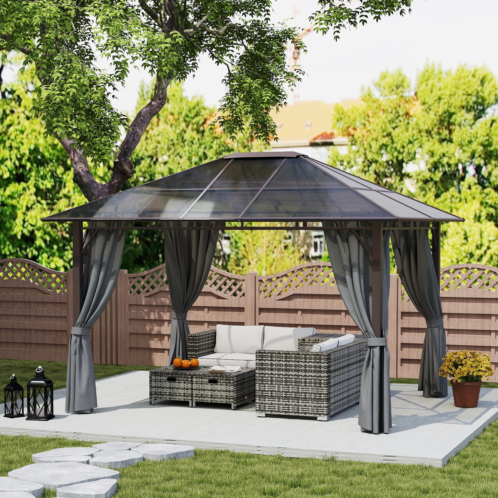 Outsunny 3 x 3.6m Hardtop Gazebo Canopy with Polycarbonate Roof Garden Pavilion with Removable Curtains and Steel Frame, Dark Grey - North Peak Garden Furniture