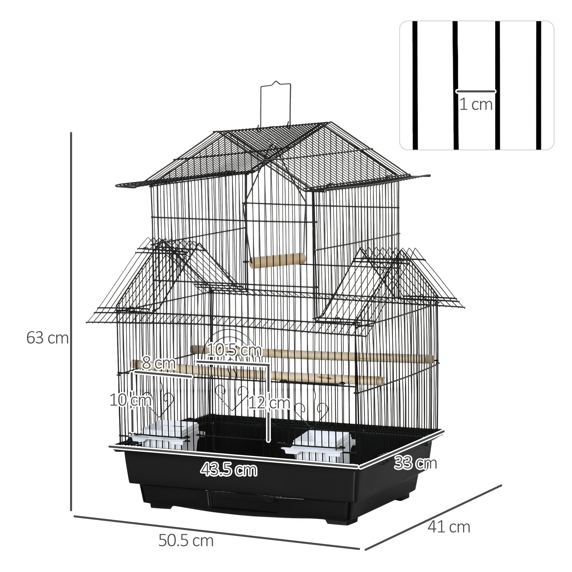 PawHut Metal Bird Cage with Plastic Swing Perch Food Container Tray Handle for Finch Canary Budgie 50.5 x 40 x 63cm Black - North Peak Garden Furniture