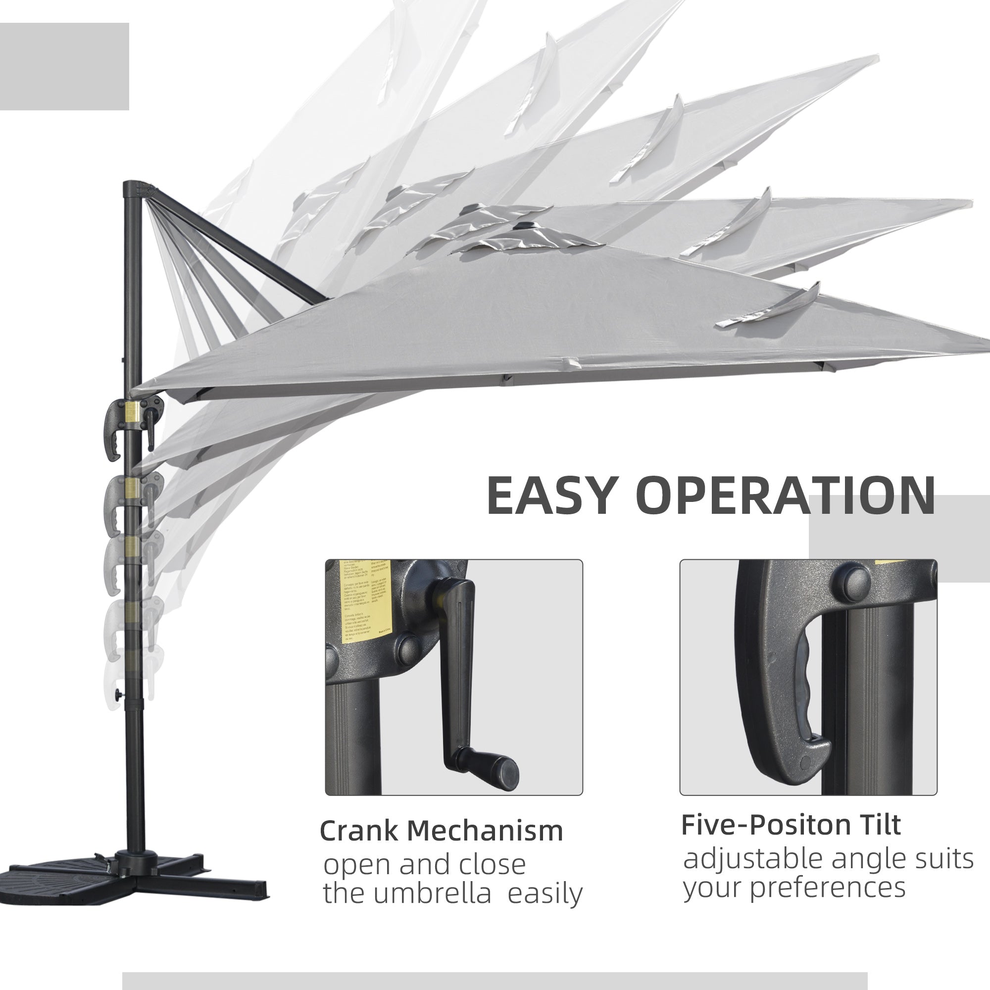 Outsunny 2.7 x 2.7 m Cantilever Parasol, Square Overhanging Umbrella with Cross Base, Crank Handle, Tilt, 360° Rotation and Aluminium Frame, Grey - North Peak Garden Furniture