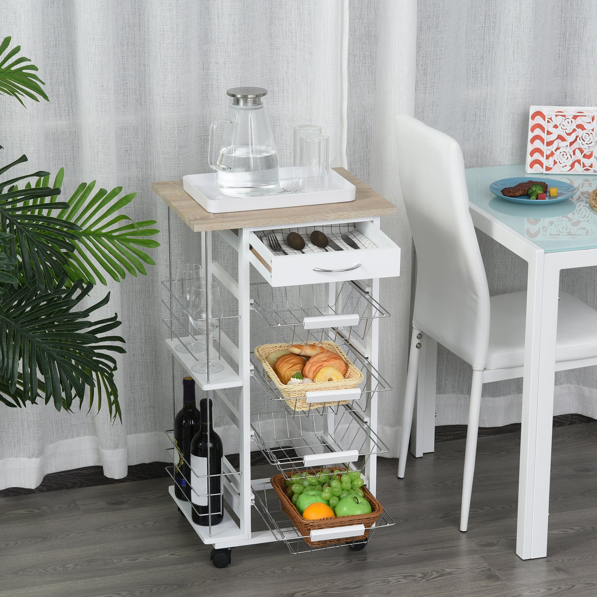 HOMCOM Rolling Kitchen Cart, Utility Storage Cart with 4 Basket Drawers & Side Racks, Wheels for Dining Room, Natural and White