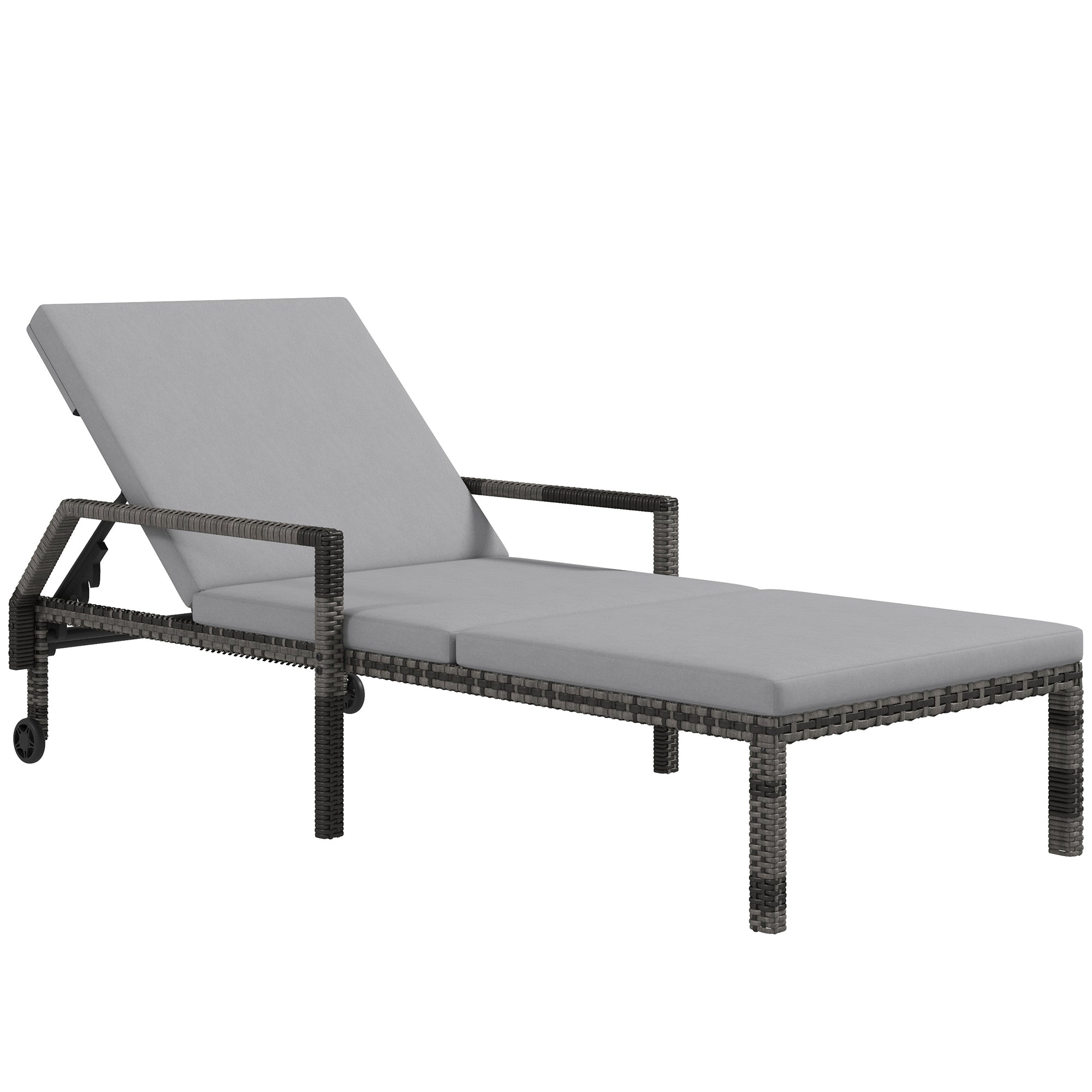 Outsunny Outdoor Sun Lounger, Rattan Wicker Chaise Recliner with 5-Level Adjustable Backrest and 2 Wheels - North Peak Garden Furniture