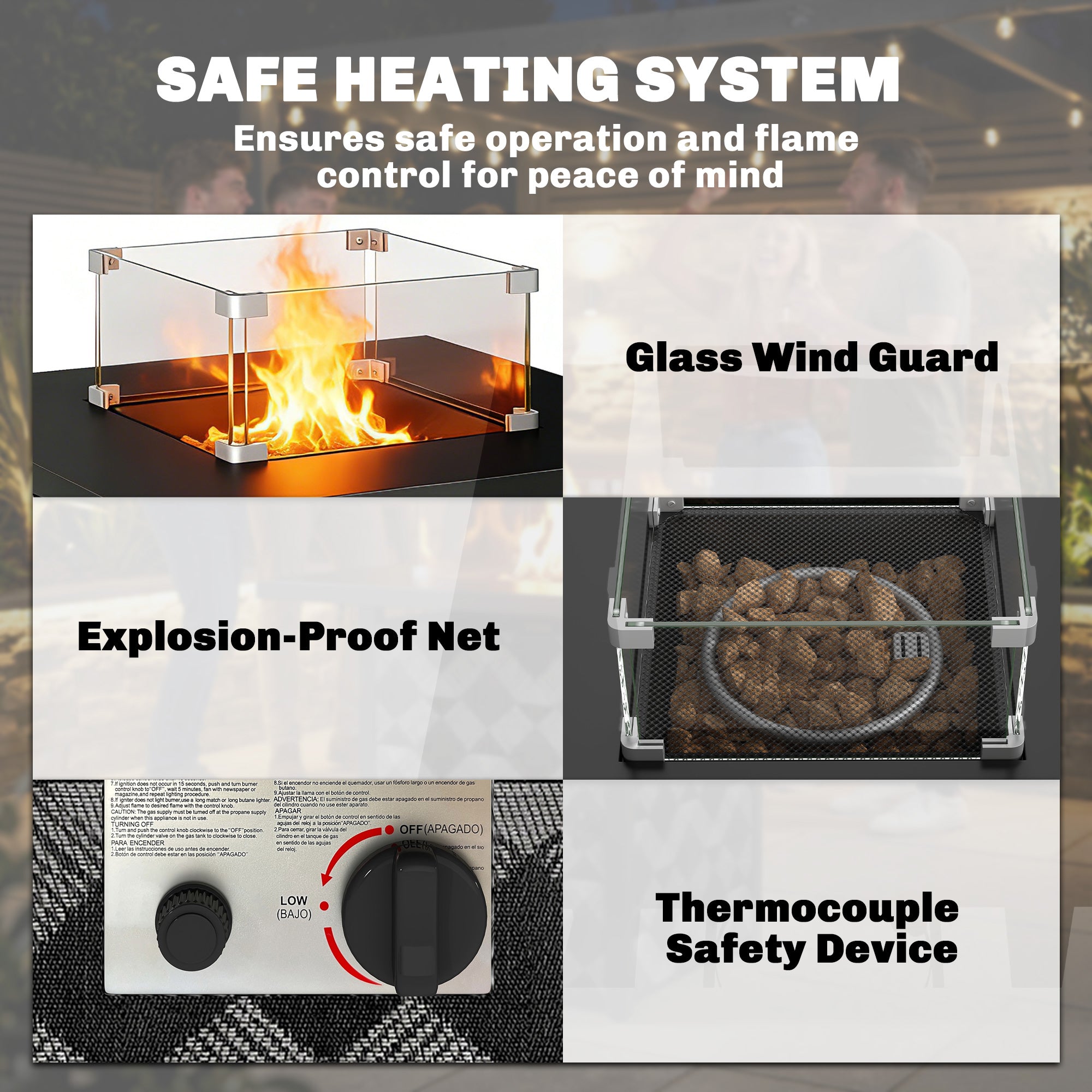 Outsunny Square Propane Gas Fire Pit Table,12 KW Firepit Outdoor Patio Heater with Glass Wind Guard, Lava Rocks, Gas Tank Holder