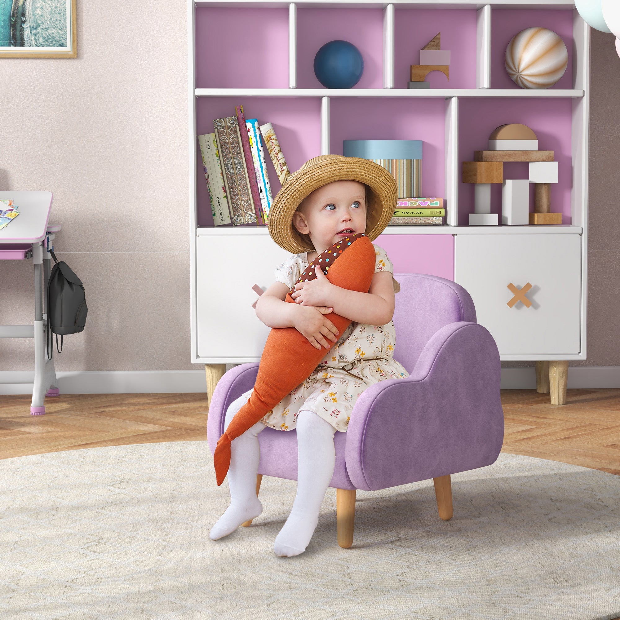 ZONEKIZ Kids Armchair Toddler Sofa Children Chair with Arm Rest, Wooden Frame, Velvet, PP Legs, Cloud Shape, for Ages 1.5-3 Years - Purple - North Peak Garden Furniture