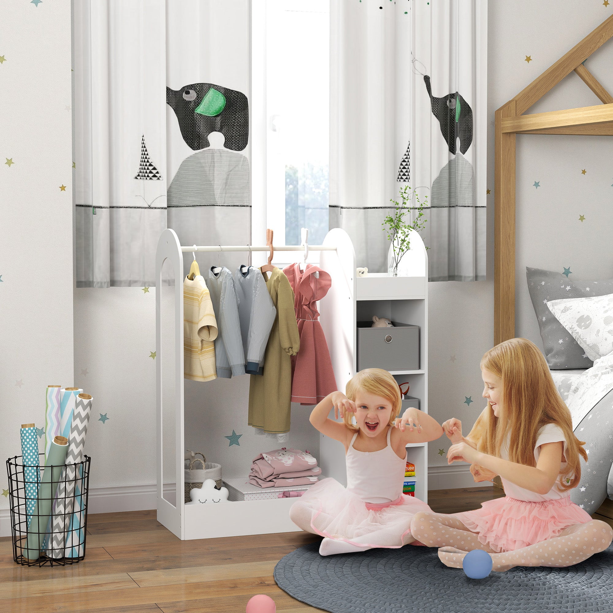 AIYAPLAY Kids Clothes Rail with Storage Shelf, Boxes, Mirror for Bedroom, Nursery, White - North Peak Garden Furniture