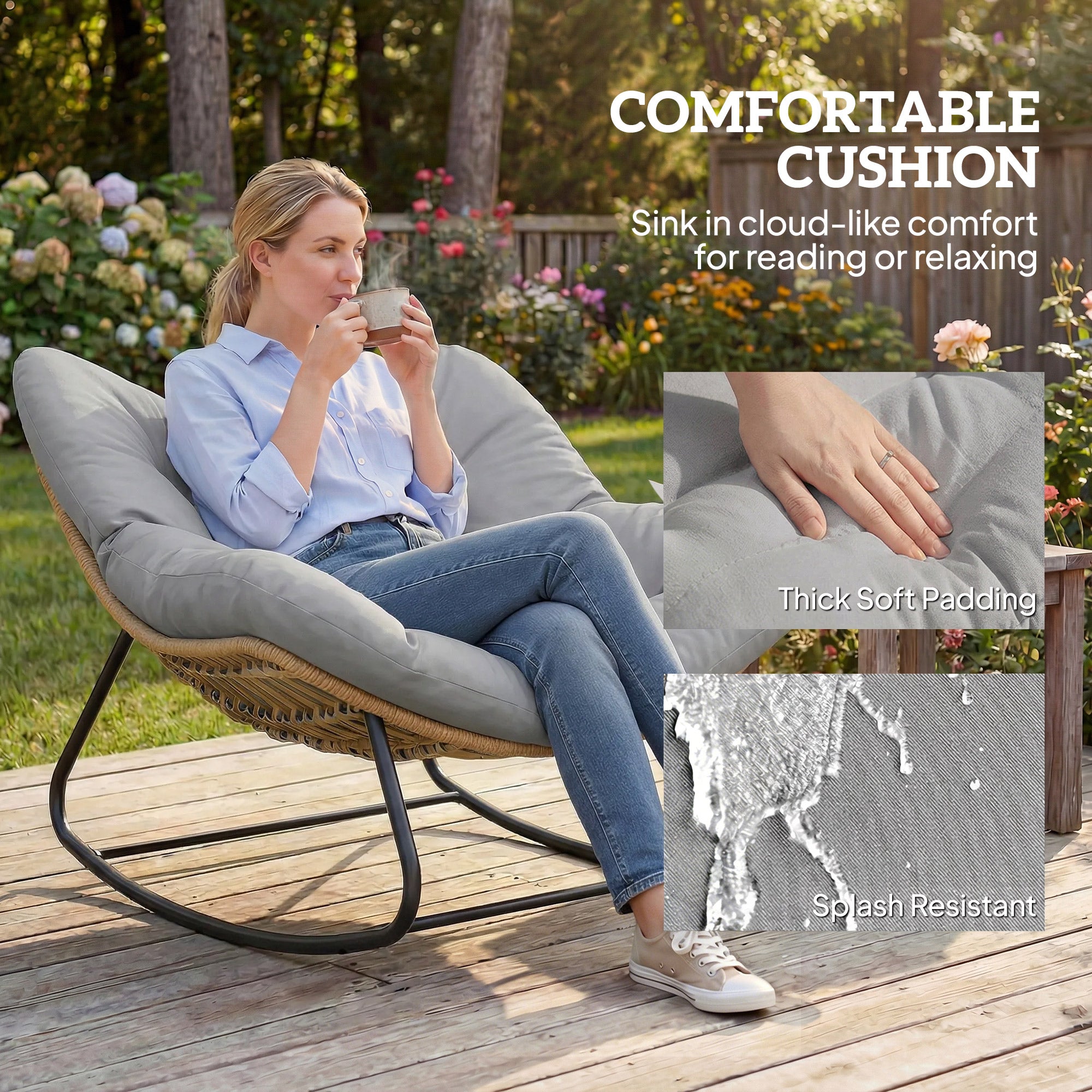 Outsunny Indoor Outdoor Rocking Chair, Oversized Rocking Egg Chair with Cushion for Living Room, Garden, Patio, Light Grey