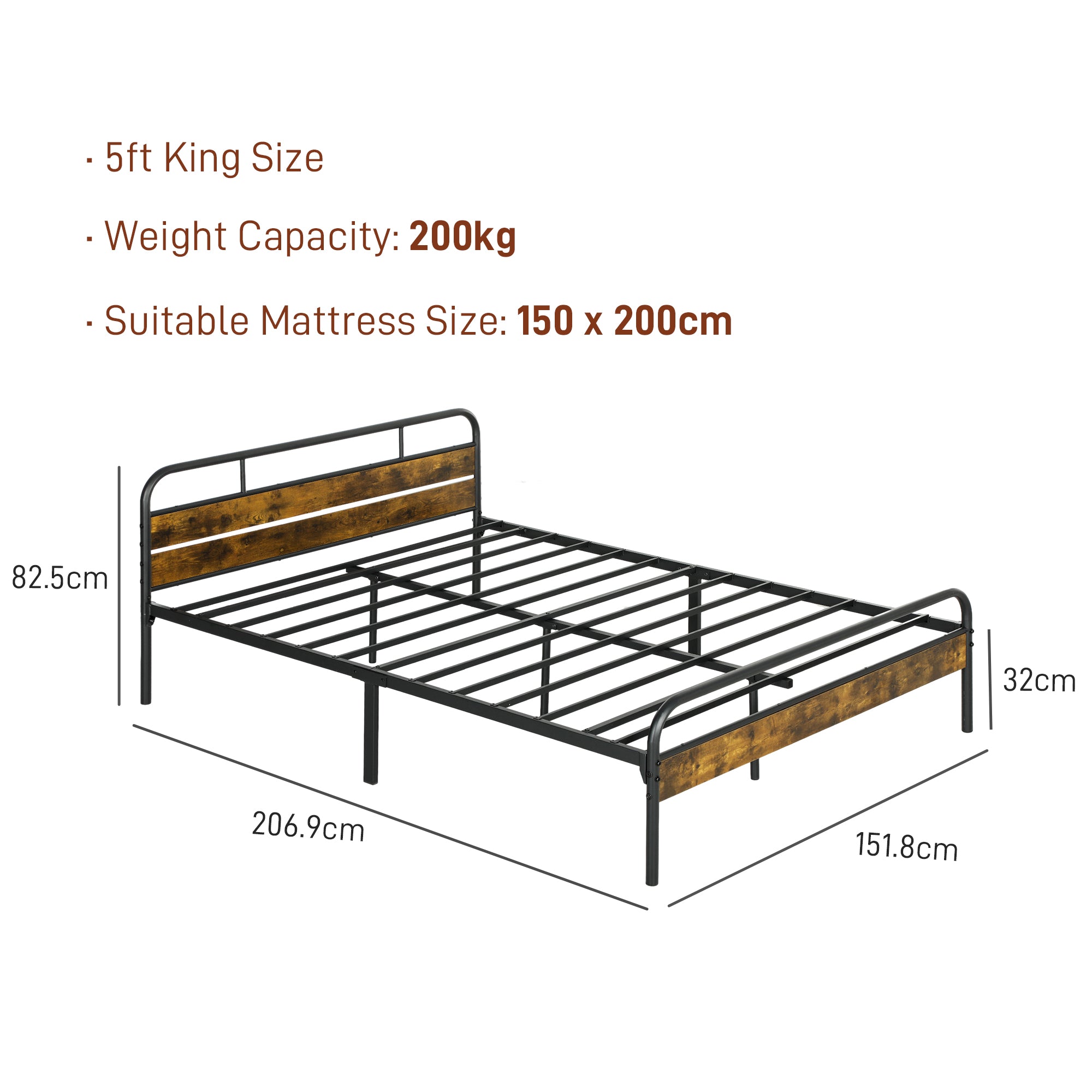 HOMCOM Industrial-Style King Bed Frame - Black/Brown - North Peak Garden Furniture