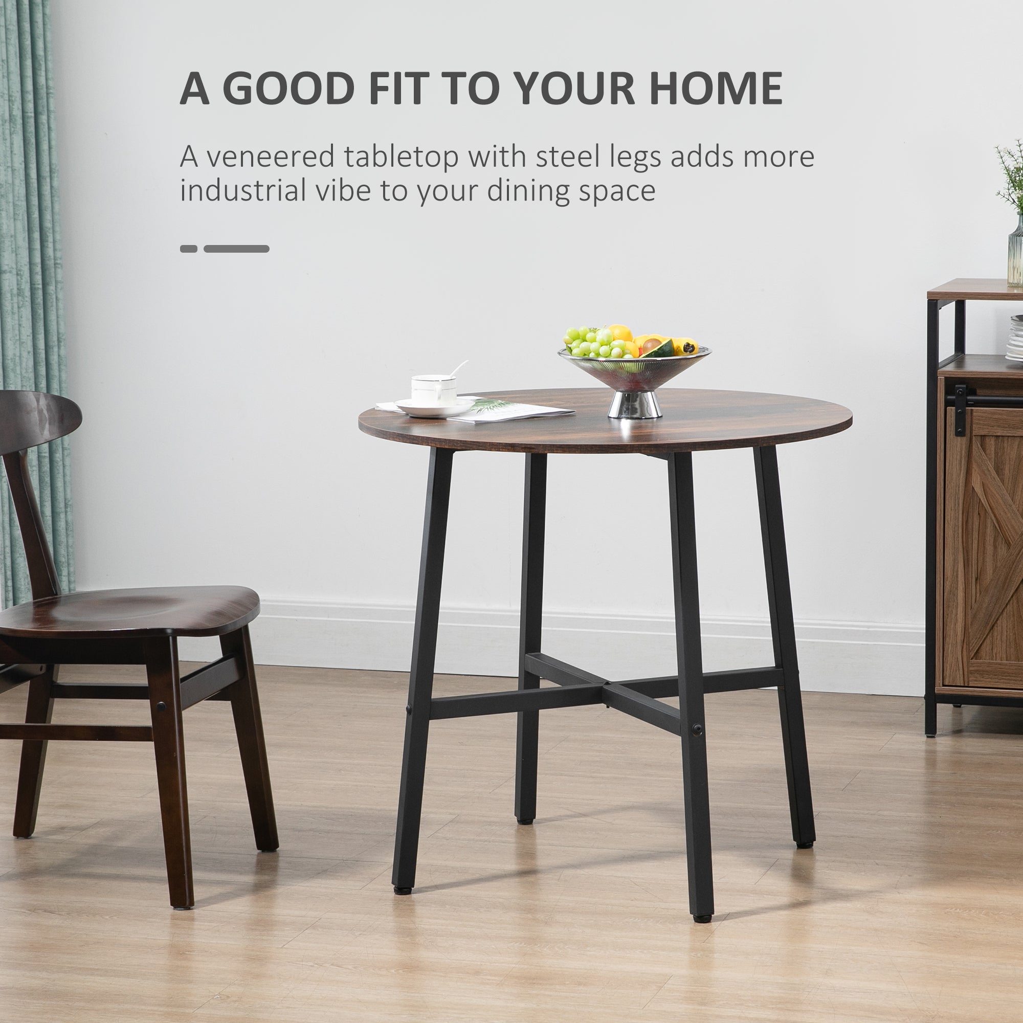 HOMCOM 85cm Dining Room Table, Industrial Style Kitchen Table Round with Steel Legs, Rustic Brown - North Peak Garden Furniture