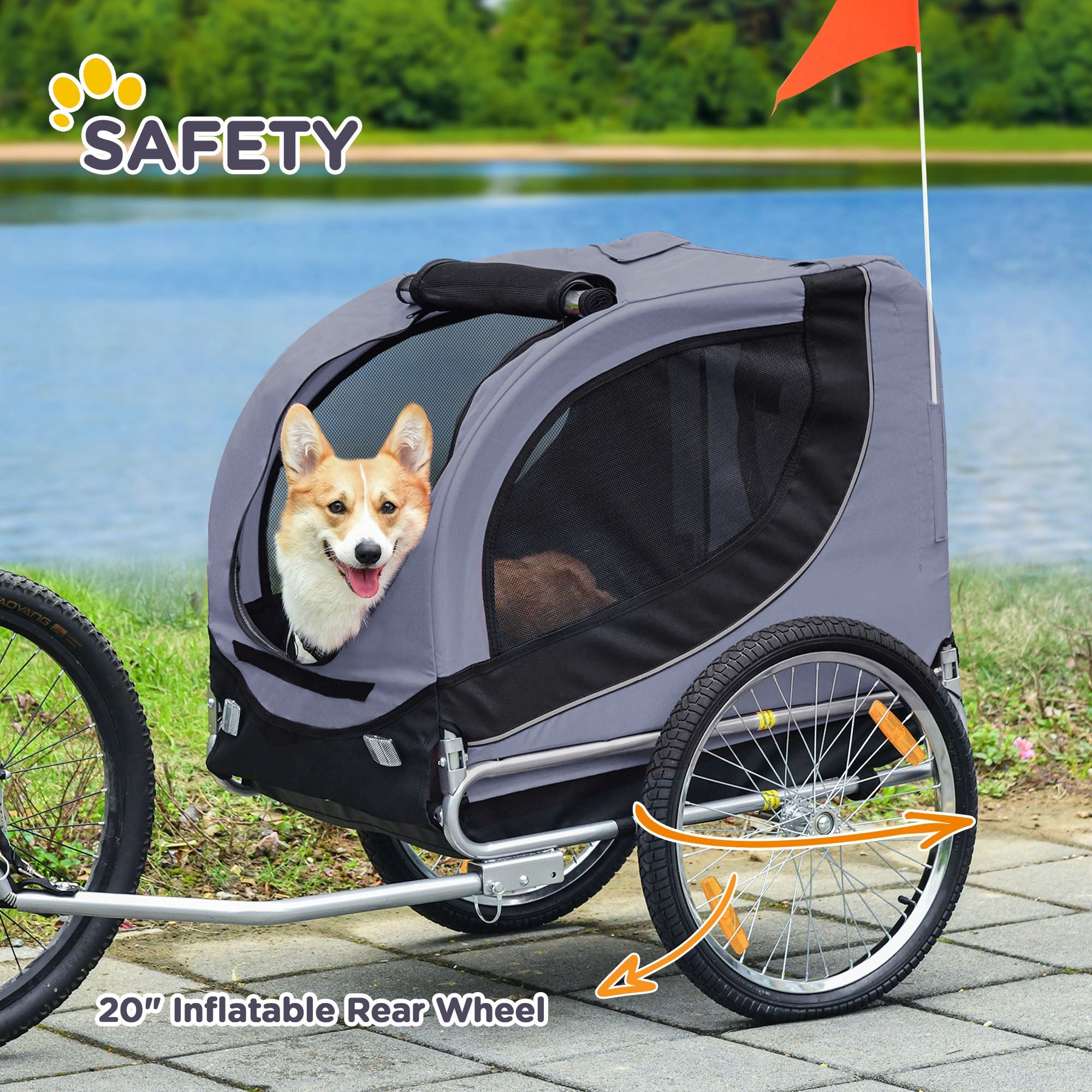 PawHut Steel Dog Bike Trailer Pet Cart Carrier for Bicycle Kit Water Resistant with Hitch Coupler Travel Grey and Black - North Peak Garden Furniture