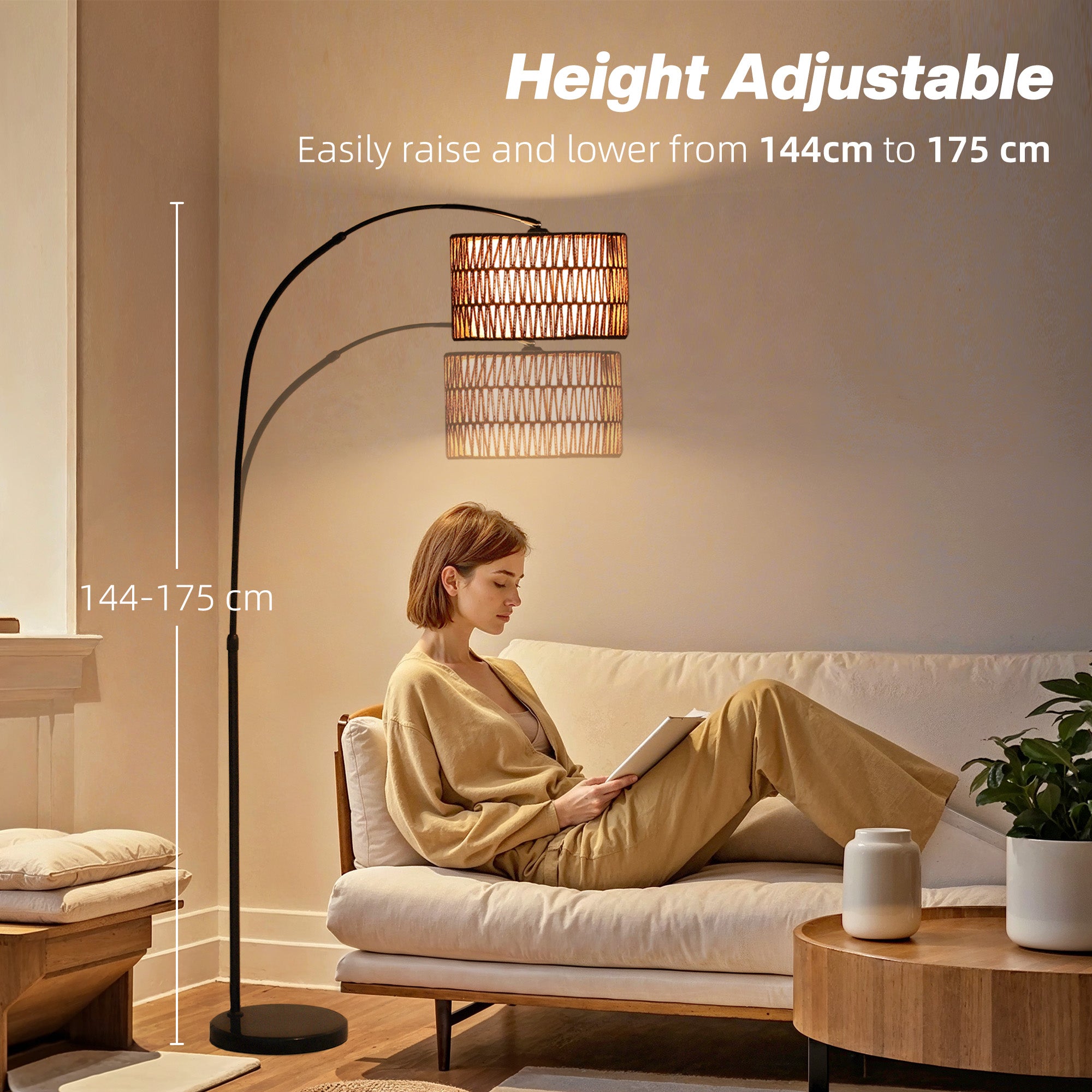 HOMCOM Rattan Floor Lamp for Living Room, Farmhouse Arc Standing Lamp with Dual-Layer Shade & Foot Switch, Height Adjustable Minimalist Tall Pole Lampshade for Bedroom, Office, Black - North Peak Garden Furniture