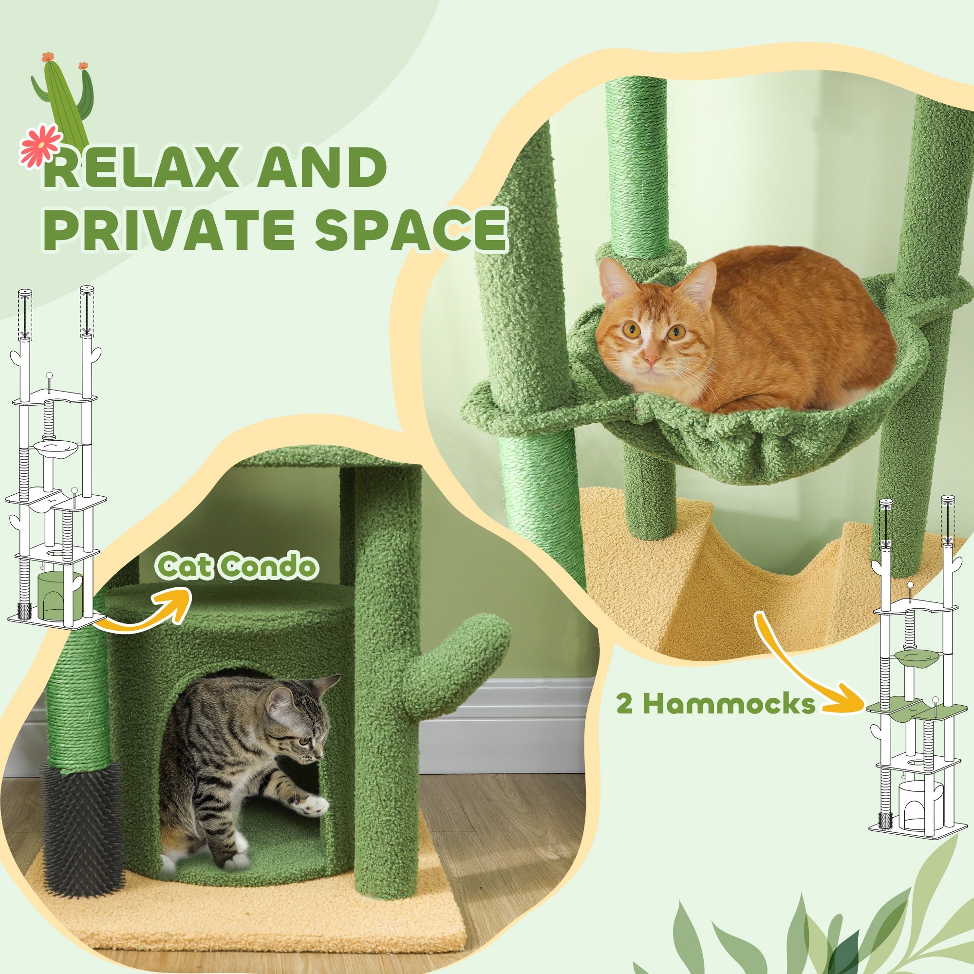 PawHut 225-255cm Height Adjustable Floor to Ceiling Cat Tree, Tall Cat Tower for Indoor Cats w/ Scratching Posts - Green