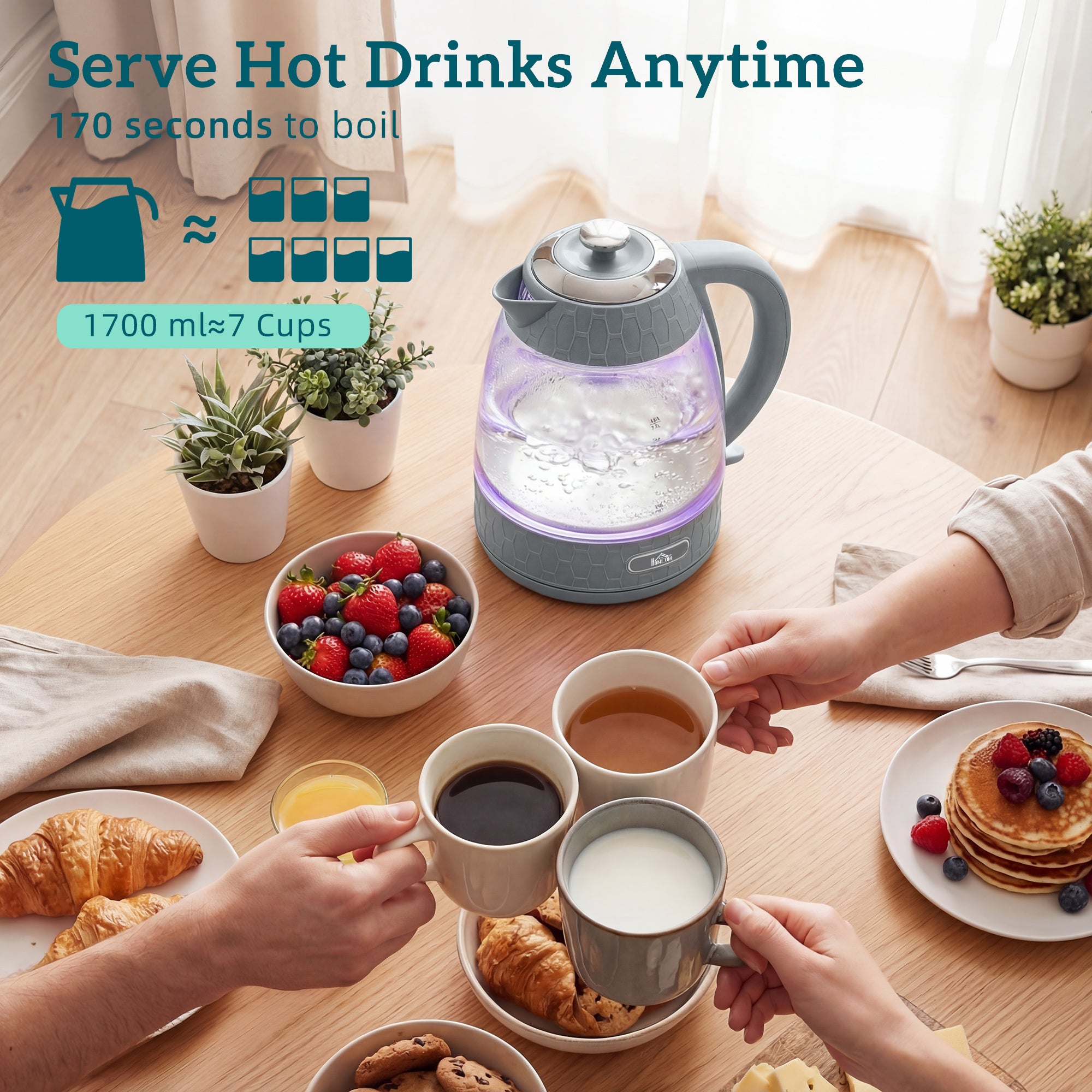 HOMCOM Kettle and Toaster Set, 1.7L 3000W Rapid Kettle with Strix Thermostat, 4 Slice Toaster with 7 Browning Controls, Grey