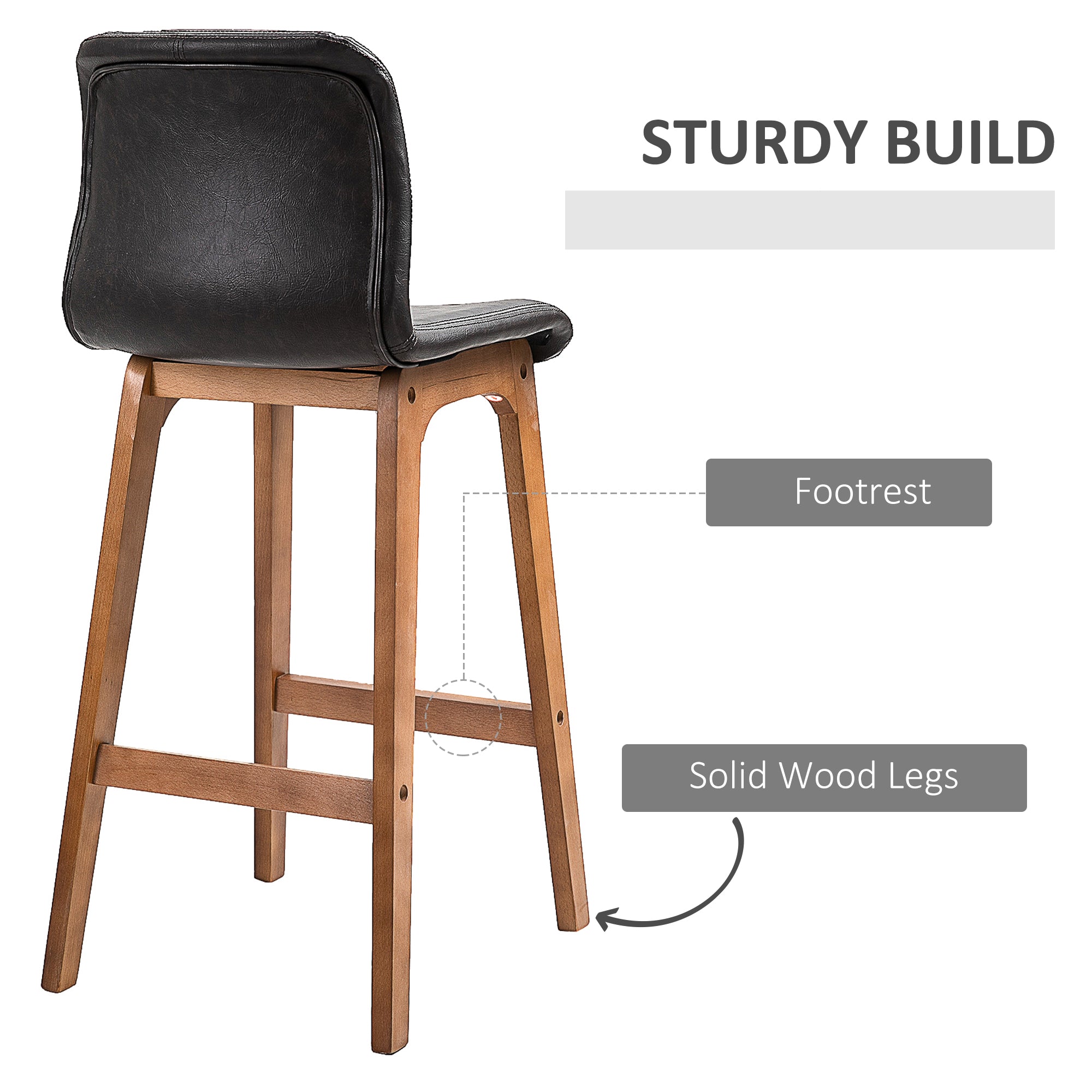 HOMCOM Modern Bar Stools Set of 2, PU Leather Upholstered Bar Chairs with Wooden Frame, Footrest for Home Bar, Dining Room - North Peak Garden Furniture