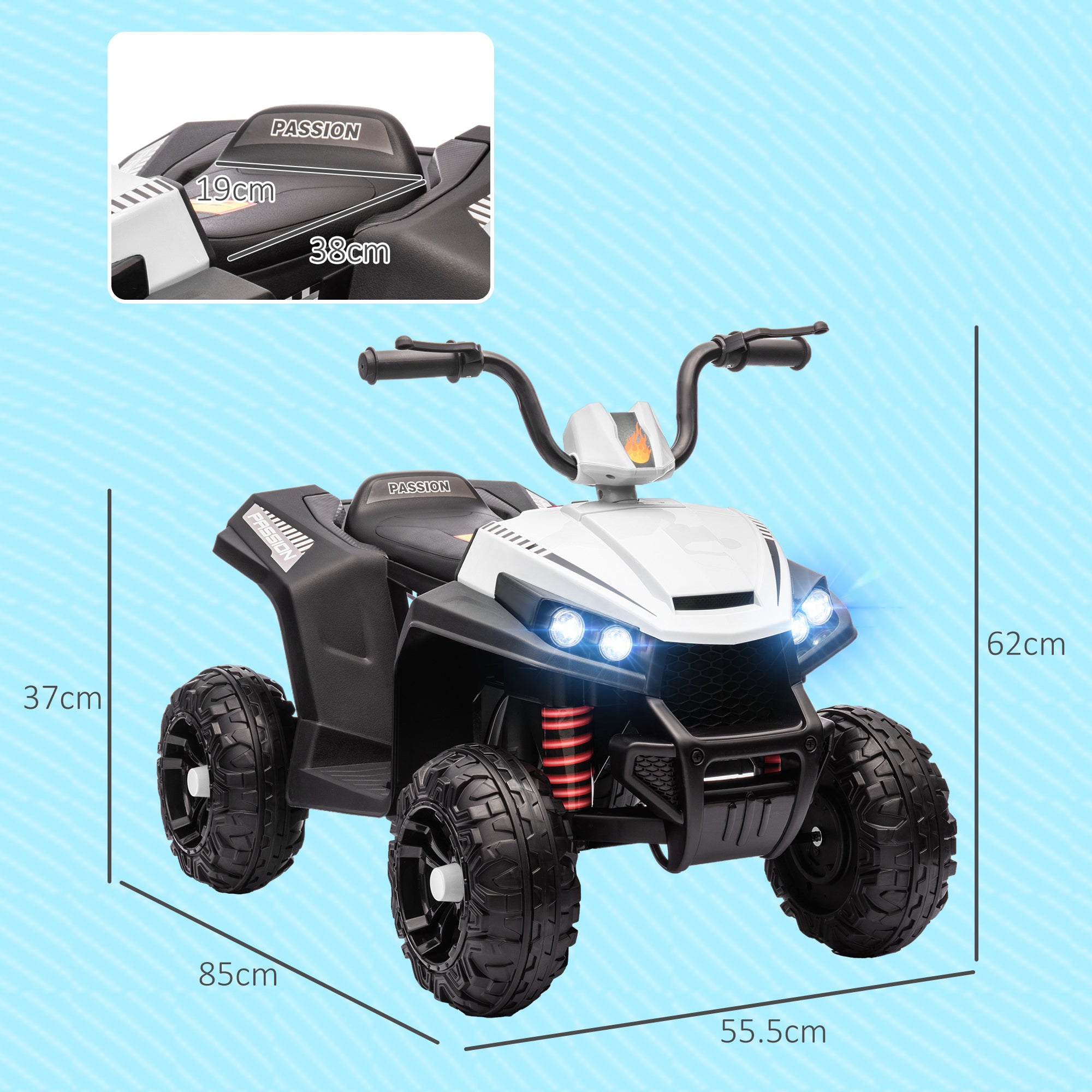 AIYAPLAY 12V Kids Electric Quad Bike w/ Spring Suspension System, Forward & Backward, LED Light, Music, MP3, White - North Peak Garden Furniture