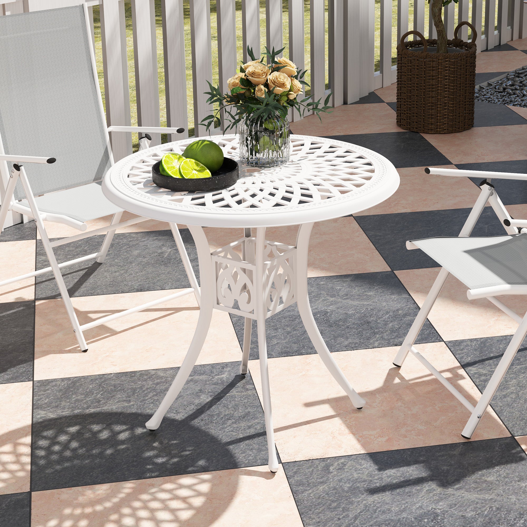 Outsunny 78 cm Round Garden Dining Table with Parasol Hole Antique Cast Aluminium Outdoor Table Only, White - North Peak Garden Furniture