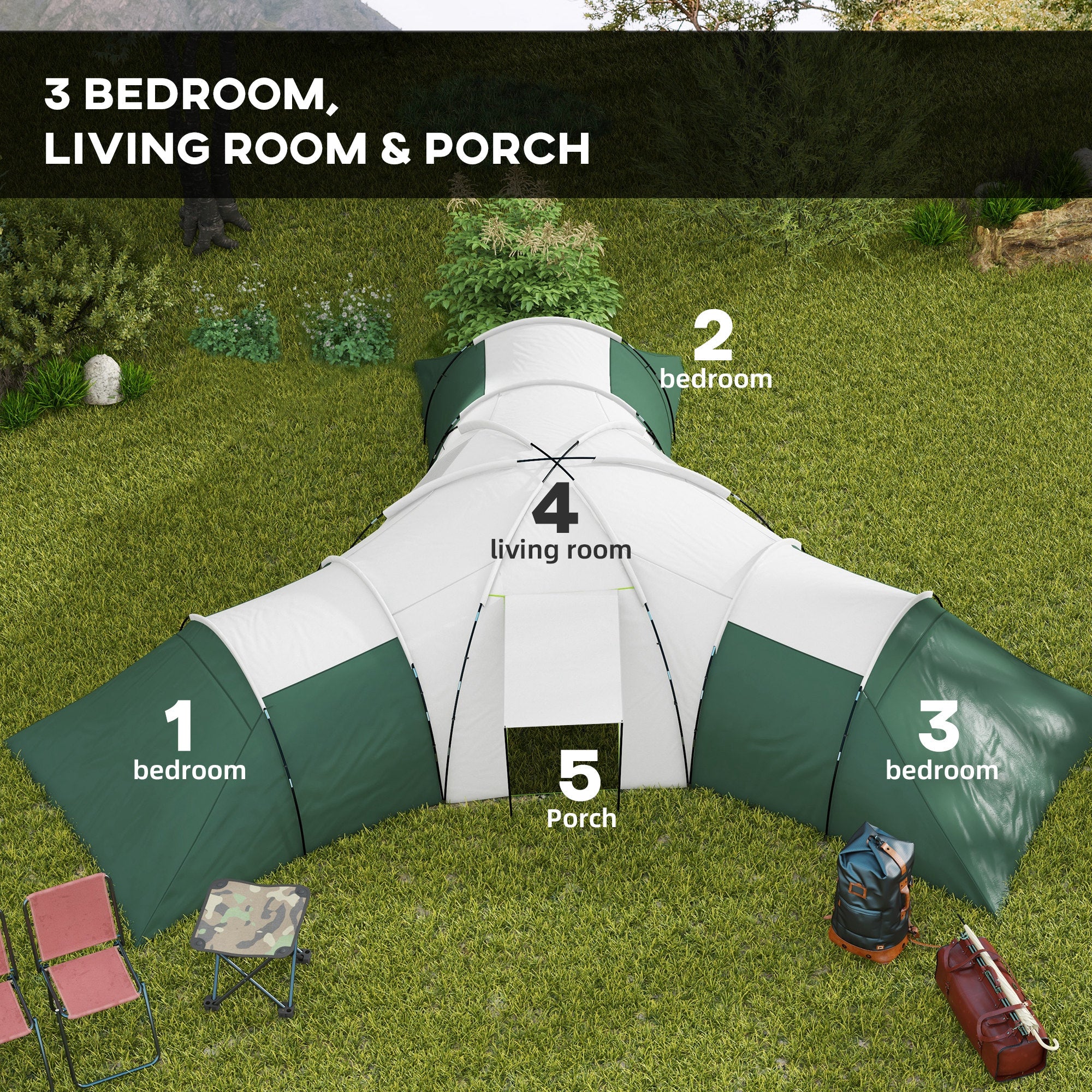 Outsunny 6-9 Man Tent with Bedrooms and Living Room, Accessories Included