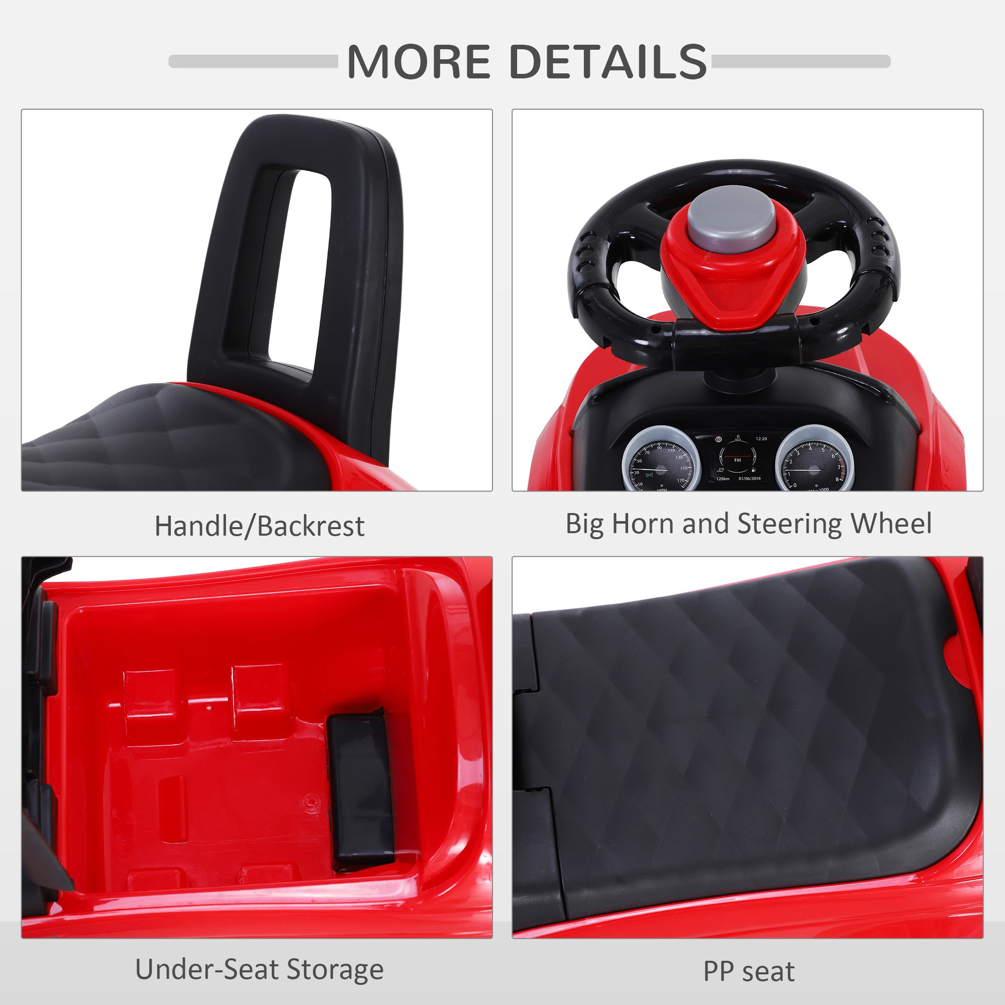 HOMCOM 3-in-1 Ride On Car Foot To Floor Slider Toddler w/ Horn Steering Wheel NO POWER Manual Under Seat Storage Safe Design for 1-3 Year Old Red - North Peak Garden Furniture