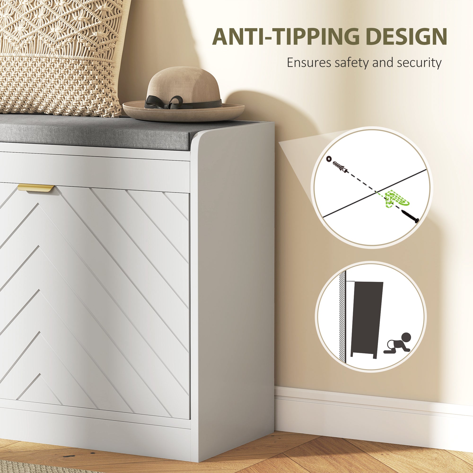 HOMCOM Shoe Storage with Seat, Upholstered Entryway Bench, Shoe Bench with 1 Flip Drawer and 4 Vents for 5 Pairs of Shoes