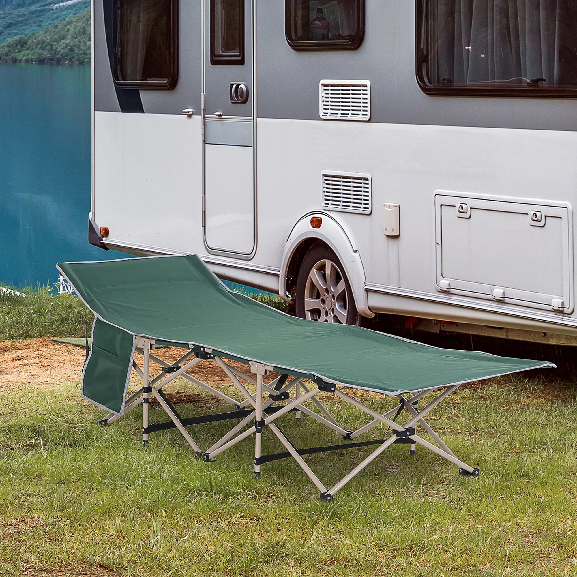 Outsunny Single Person Camping Bed Folding Cot Outdoor Patio Portable Military Sleeping Bed Travel Guest Leisure Fishing with Side Pocket and Carry Bag - Green - North Peak Garden Furniture