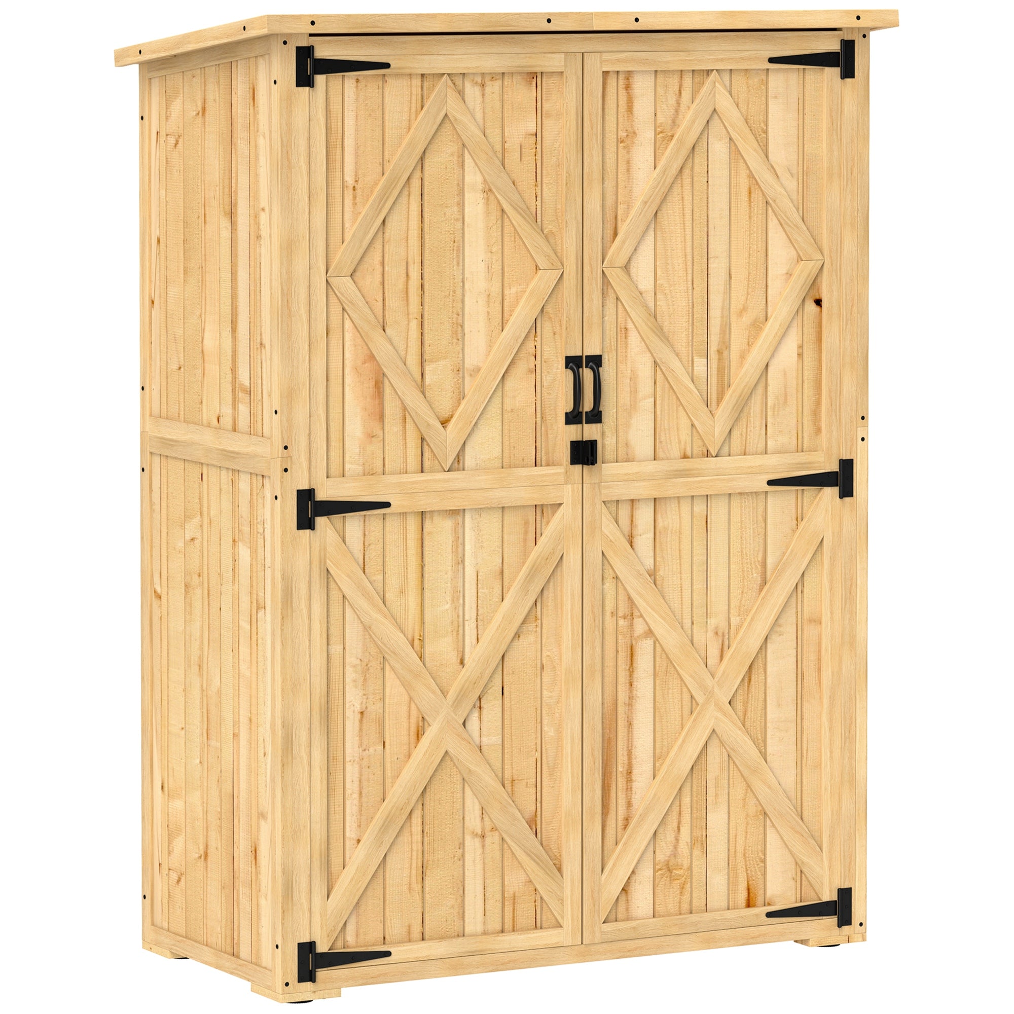 Outsunny Wooden Garden Storage Shed, Tool Storage Cabinet with Asphalt Roof and 2 Shelves for Garden Tools, Equipment, Outdoor Tool Shed with Double Doors, Natural