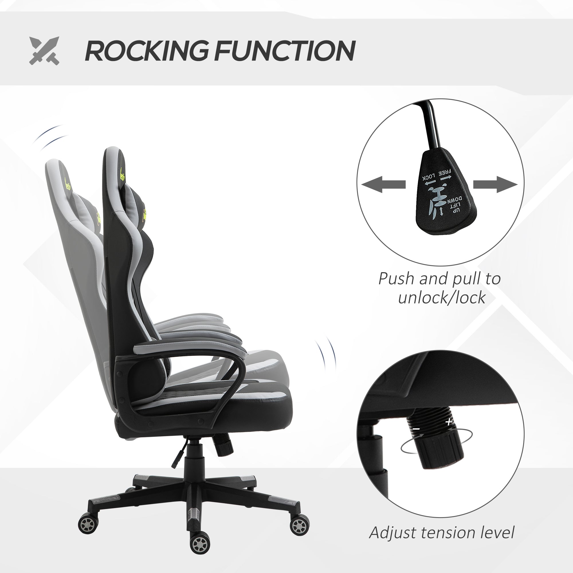 Vinsetto Gaming Chair, Computer Desk Chair with Lumbar Support, Faux Leather Racing Chair with Headrest and Swivel Wheels for Home Office, Black Grey - North Peak Garden Furniture