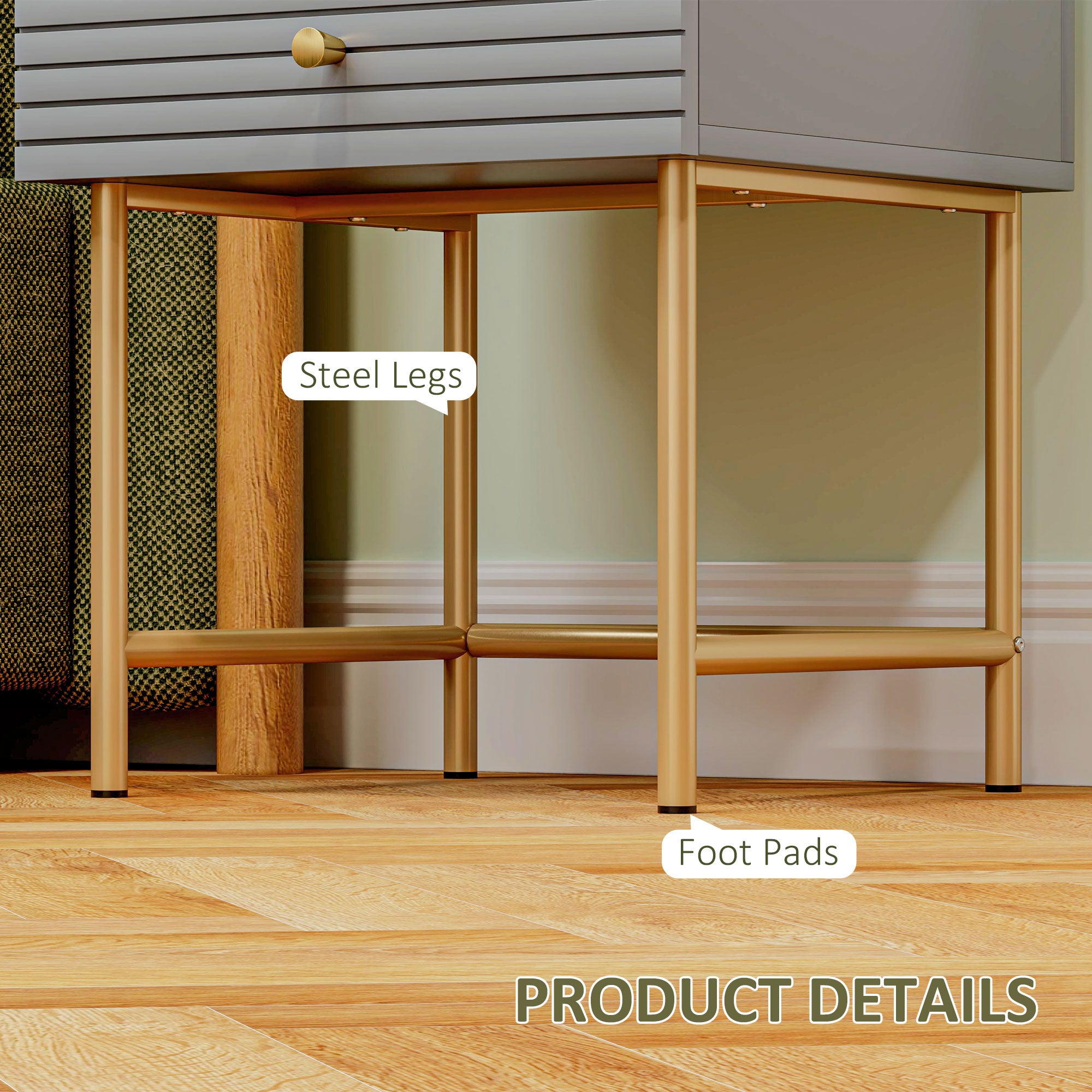 HOMCOM Set of Two Elegant Bedside Tables - Grey/Gold-Tone - North Peak Garden Furniture