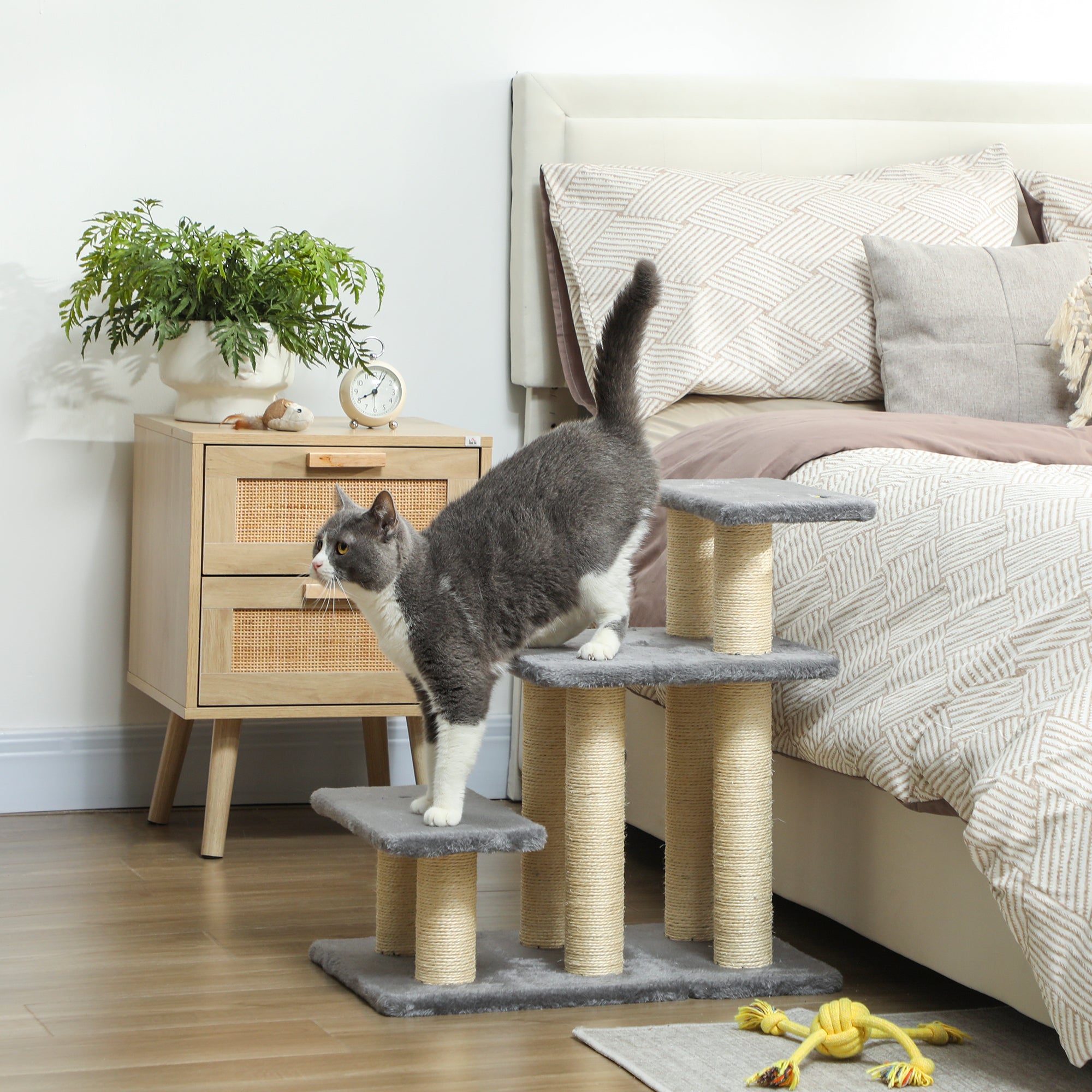 PawHut Pet Steps for Bed, 3 Step Adjustable Pet Stairs for Sofa with 6 Sisal Scratching Posts for Small Dogs & Cats, Grey
