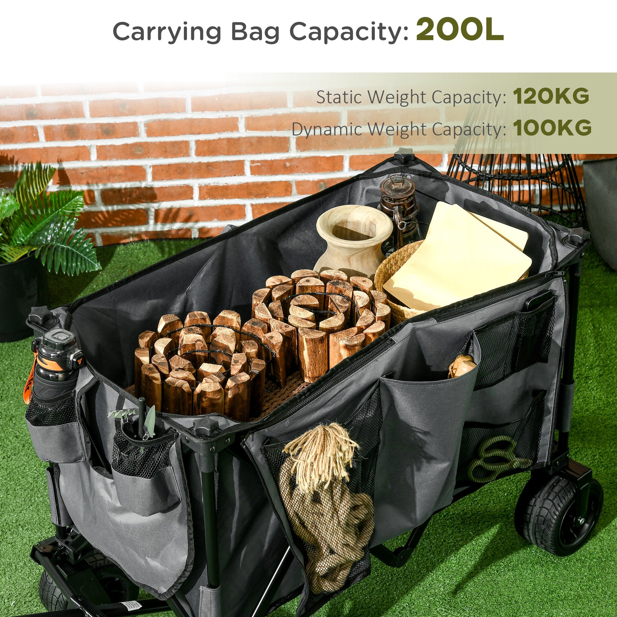 Outsunny Folding Garden Trolley, Cargo Traile on Wheels, Collapsible Camping Trolley, Outdoor Utility Wagon, Dark Grey - North Peak Garden Furniture
