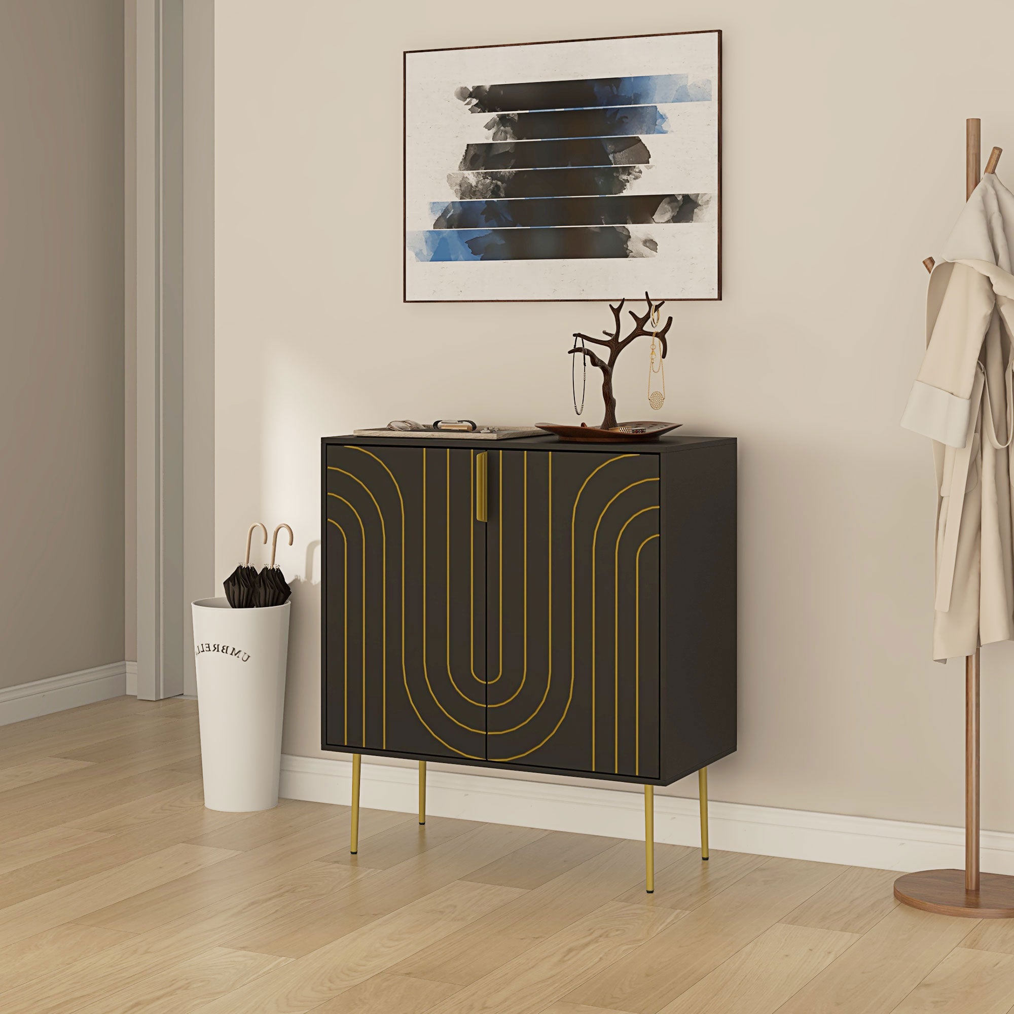HOMCOM Art Deco Inspired Sideboard, with Adjustable Shelf - Black/Gold Tone - North Peak Garden Furniture