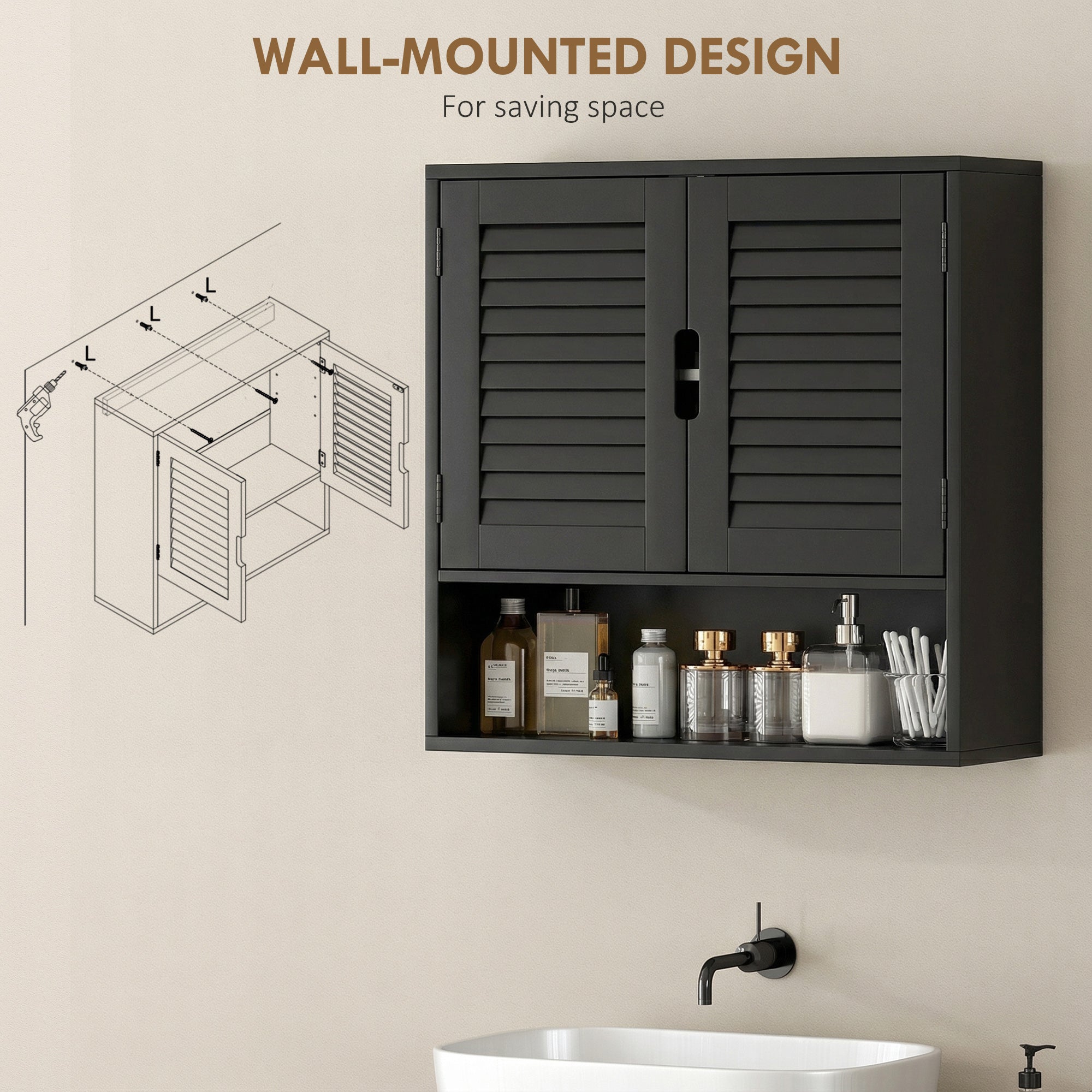 HOMCOM Bathroom Cabinet, Wall Mounted Storage Cabinet with Adjustable Shelves, 60 x 20 x 60 cm, Black