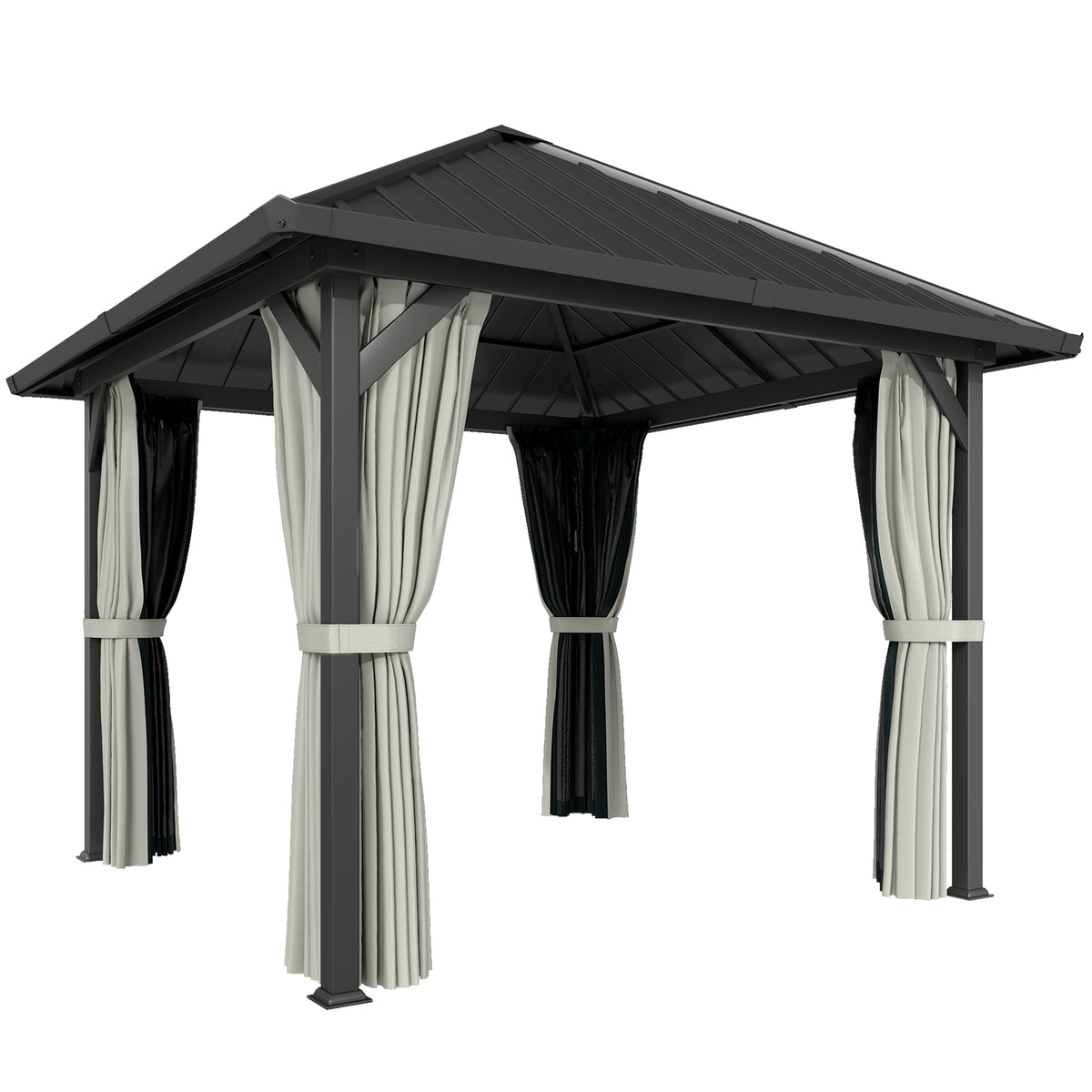 Outsunny 3 x 3(m) Hardtop Gazebo with Galvanised Steel Roof and Water Gutter, Waterproof Permanent Pavilion Garden Gazebo with Netting and Curtains for Patio, Deck, Black