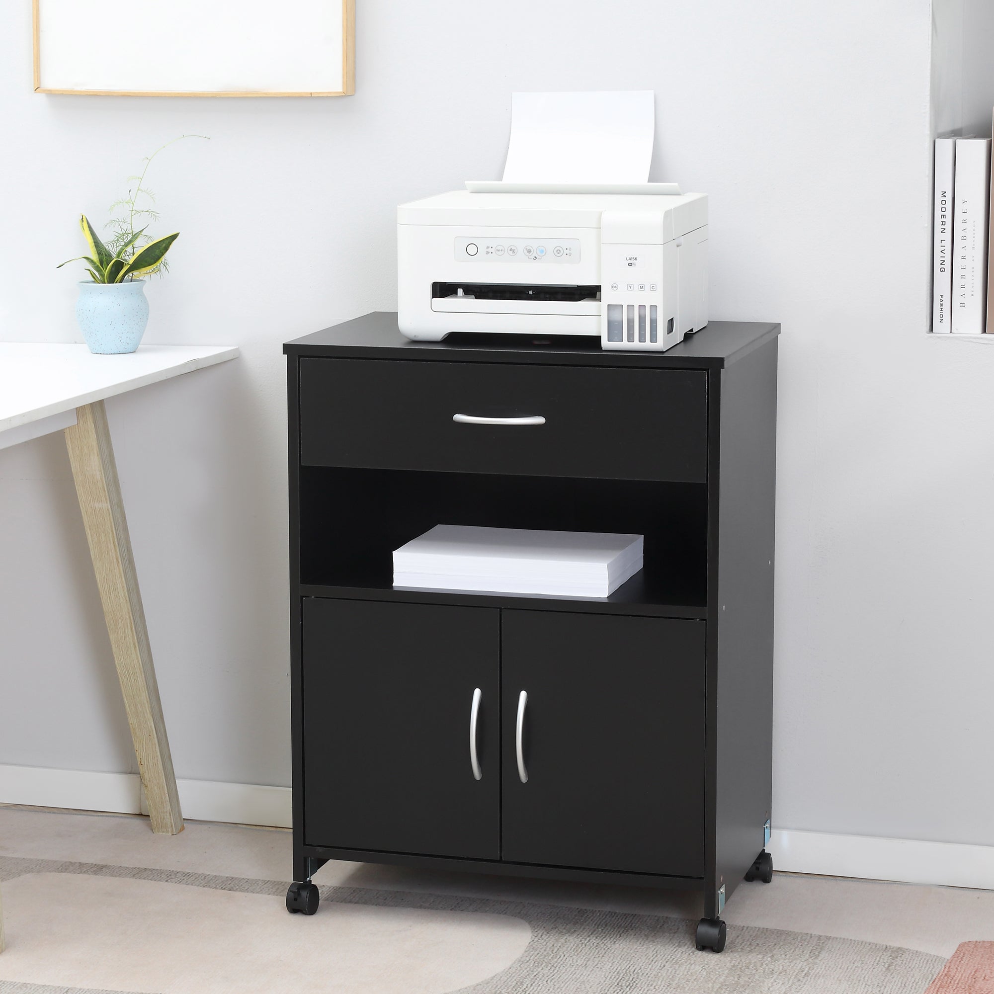 Vinsetto Printer Stand Mobile Printer Cabinet with Storage, Open Shelf, Drawer for Home Office, 60cm x 39cm x 80cm, Black - North Peak Garden Furniture