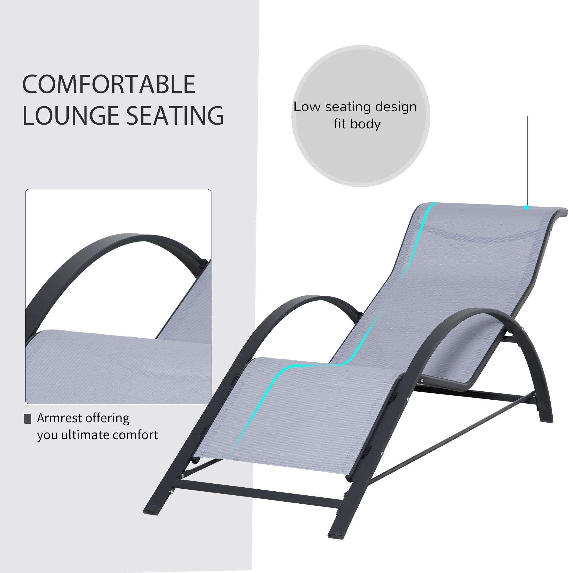 Outsunny 3 Pieces Lounge Chair Set Metal Frame Garden Outdoor Recliner Sunbathing Chair with Table, Light Grey - North Peak Garden Furniture