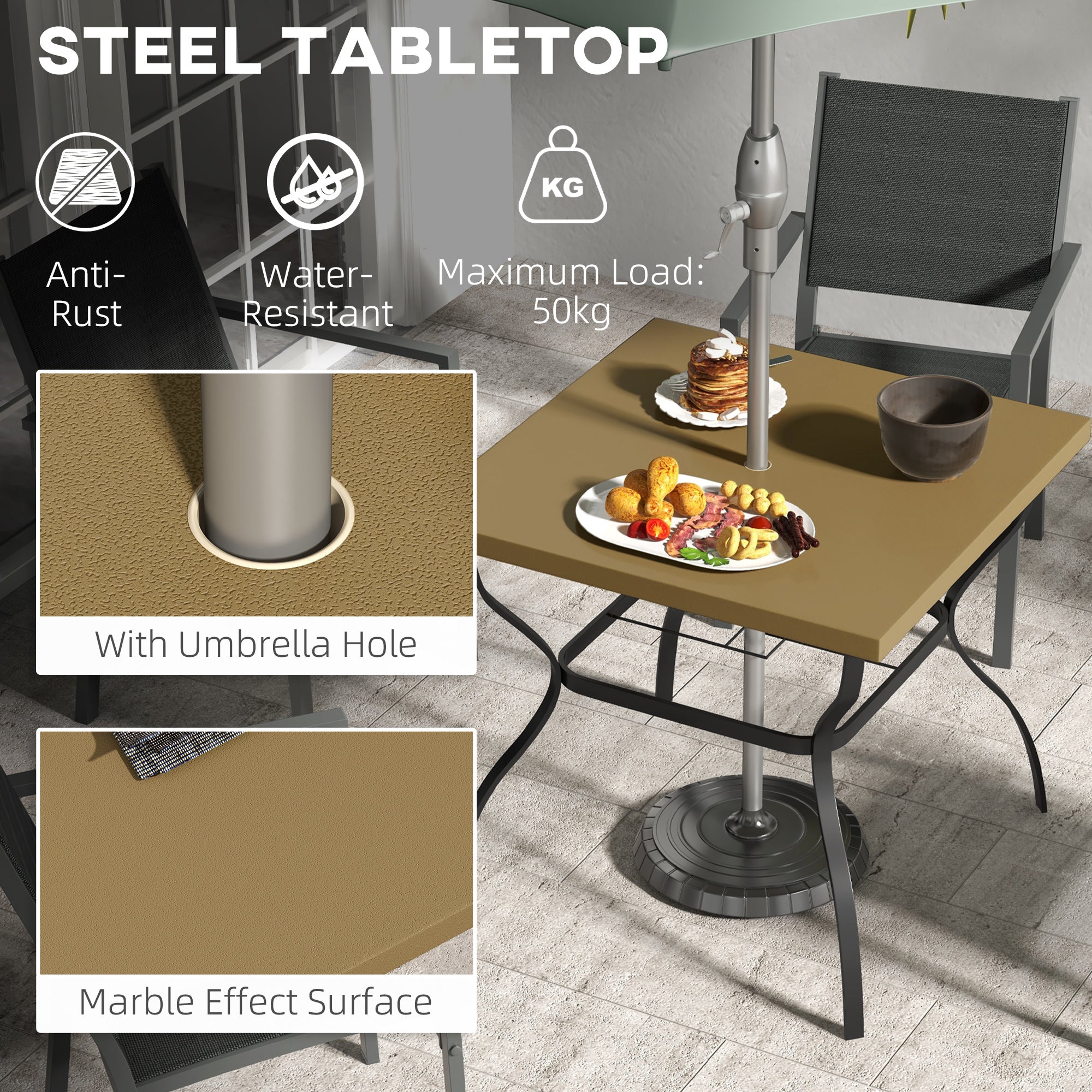 Outsunny Four-Seater Steel Garden Table, with Parasol Hole - Brown/Black - North Peak Garden Furniture