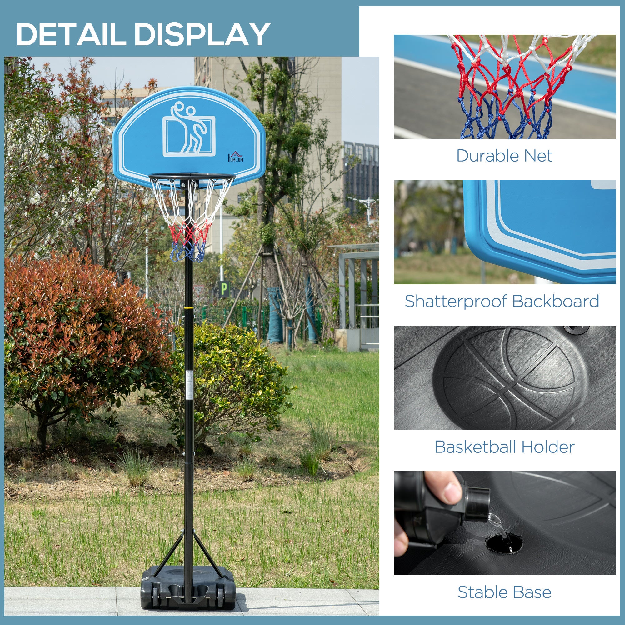 HOMCOM Adjustable Basketball Hoop and Stand, with Wheels and Weight Base Blue - North Peak Garden Furniture