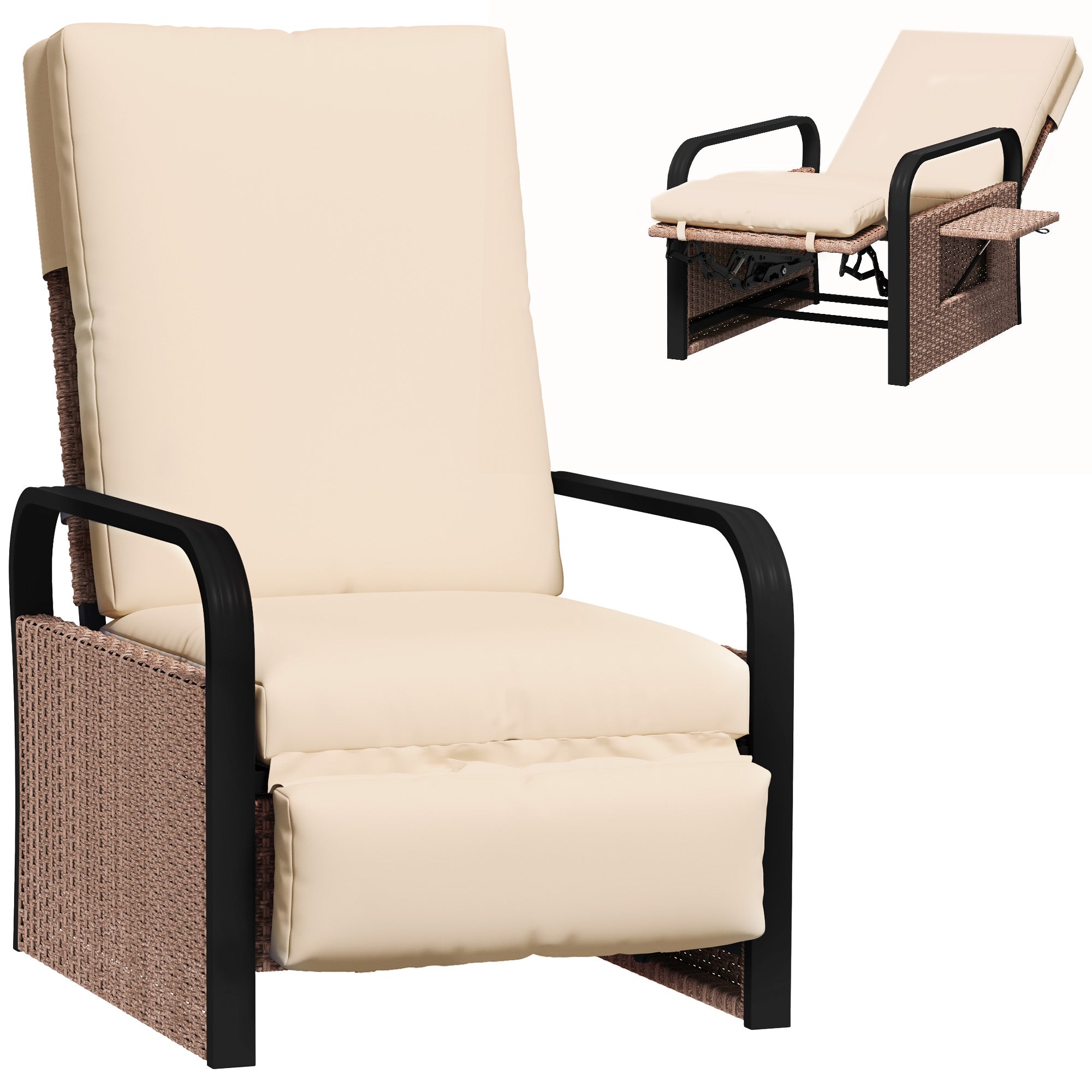 Outsunny 140° Reclining Rattan Armchair - Brown/Khaki - North Peak Garden Furniture