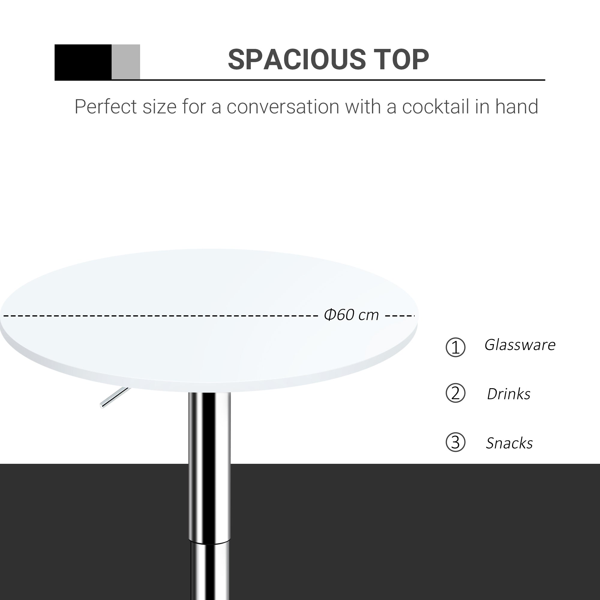 HOMCOM Bar Table Φ60cm Adjustable Height Round Bistro Table w/ Swivel Top Metal Frame Counter Surface Stylish Kitchen Conservatory White - North Peak Garden Furniture