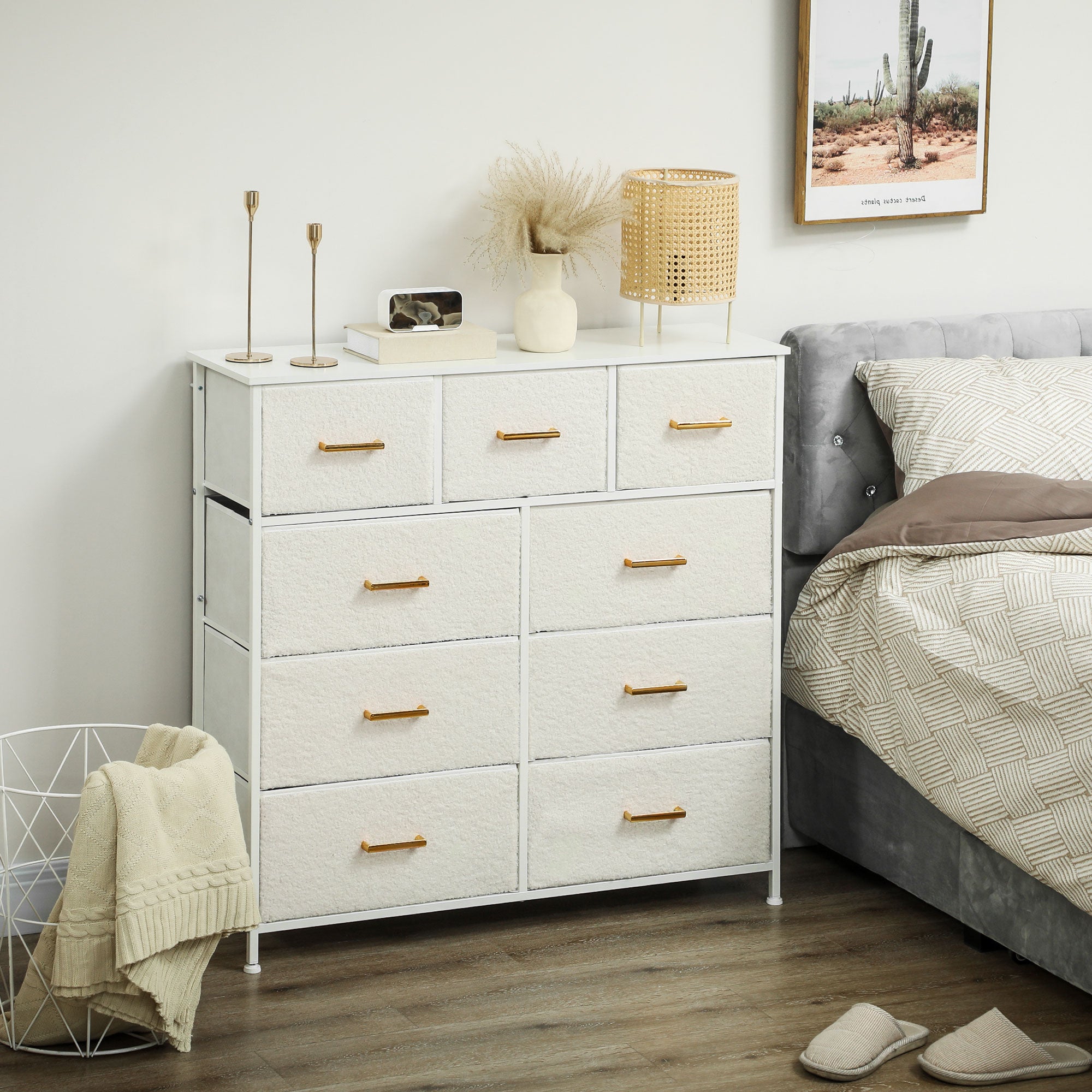 HOMCOM Chest of Drawers with 9 Fabric Drawers, Boucle Storage Organiser with Steel Frame, Fabric Dresser for Bedroom, Living Room, Hallway, Cream White - North Peak Garden Furniture