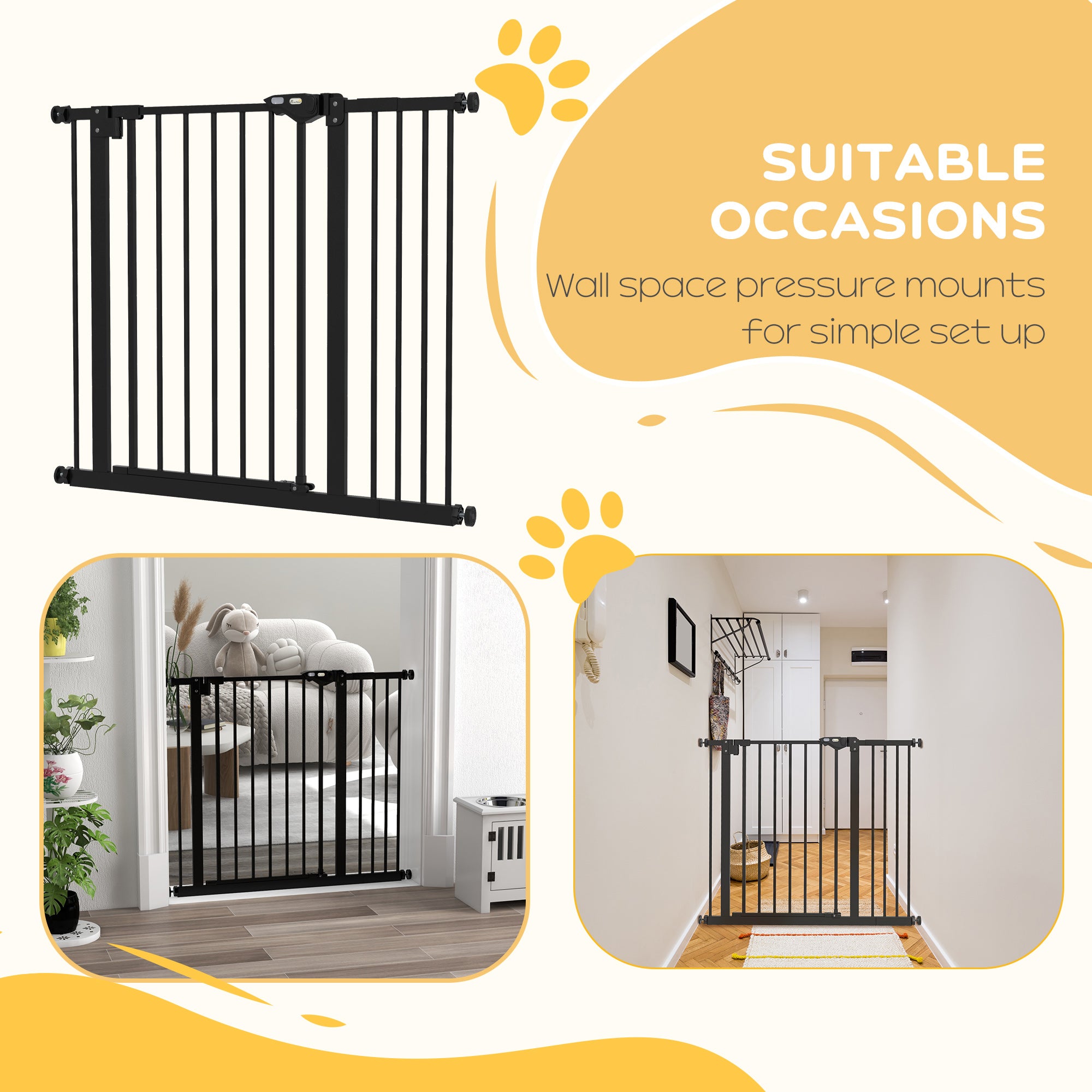 PawHut Metal 74-94cm Wide Adjustable Dog Gate Black - North Peak Garden Furniture