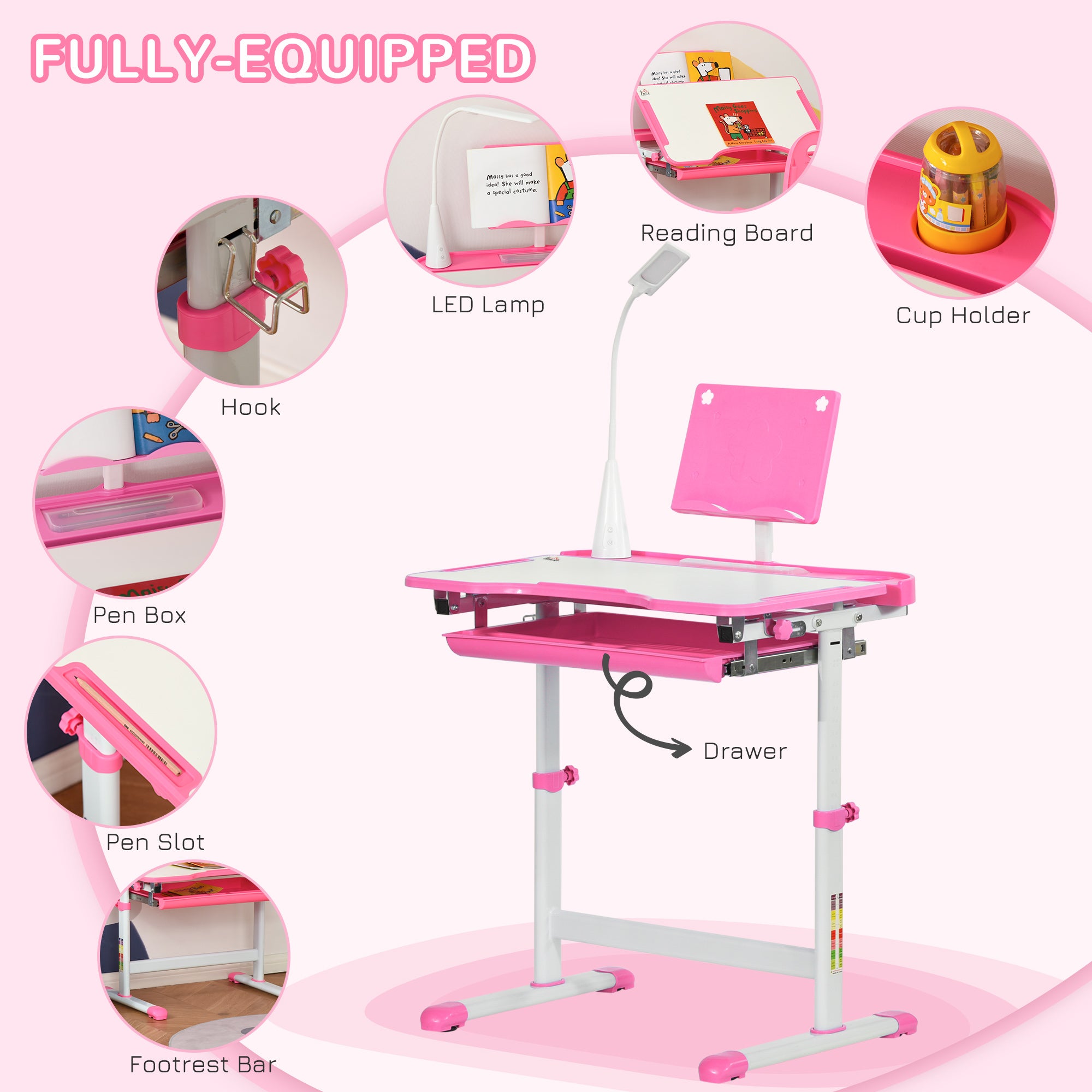 HOMCOM Kids Study Desk and Chair Set w/ Adjustable Height, Storage, Drawer, Pink - North Peak Garden Furniture