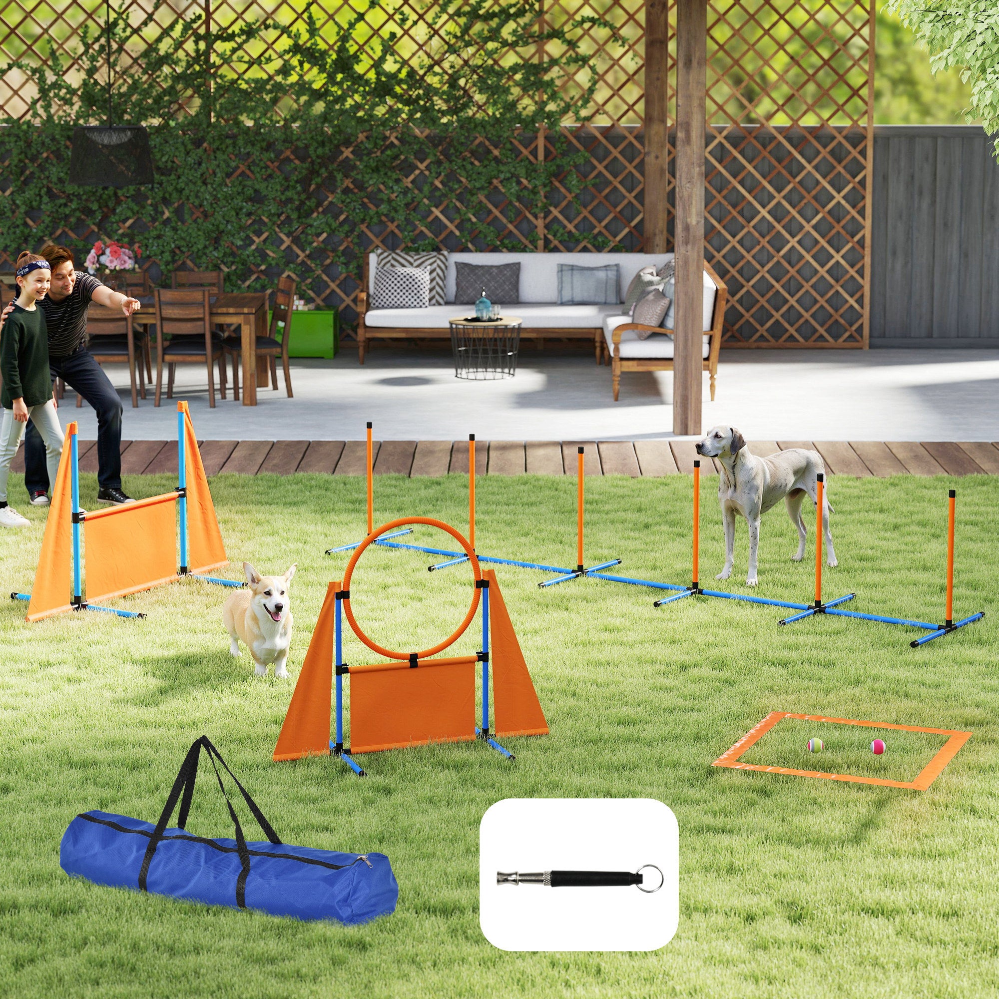 PawHut 6 Pieces Dog Agility Equipment Set with Weave Poles, Jump Ring and Hurdle, Pause Box and Carry Bag, Orange - North Peak Garden Furniture