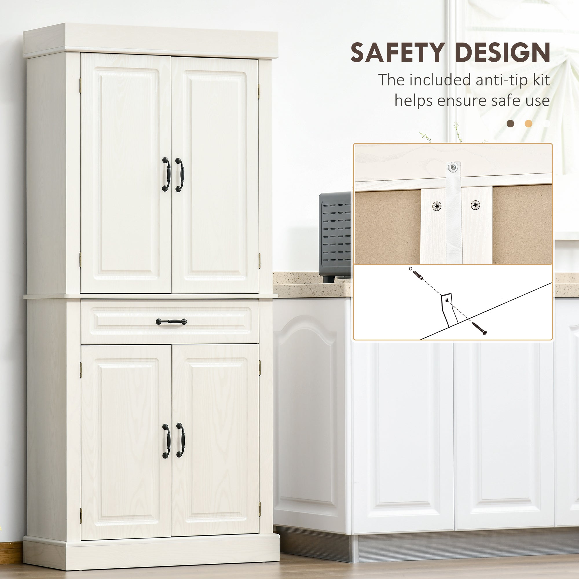 HOMCOM Kitchen Cupboard with 4 Doors, Freestanding Storage Cabinet with Wide Drawer and Shelves for Living Room, 180cm, White Wood Grain - North Peak Garden Furniture