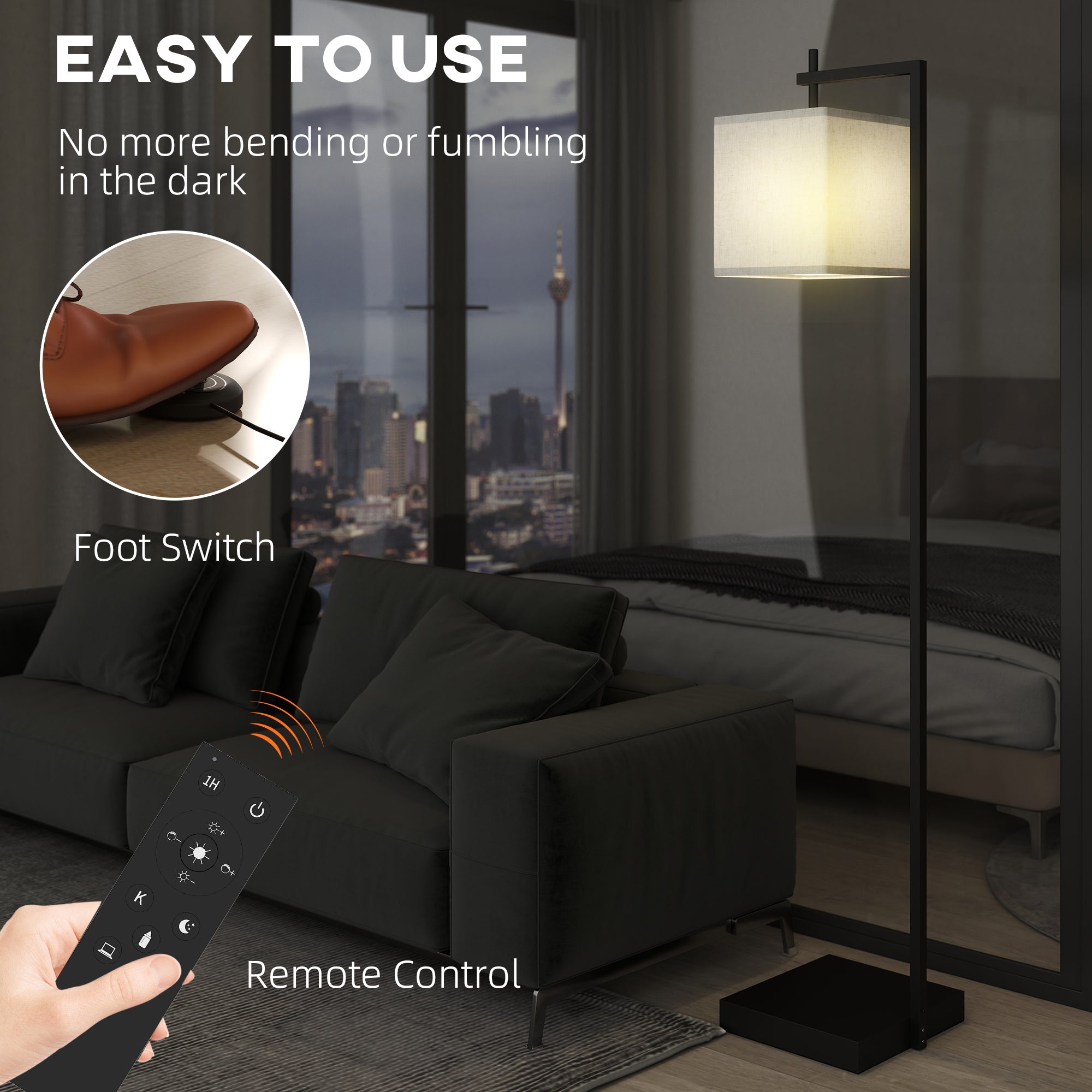 HOMCOM Floor Lamp for Living Room, 66" Modern Tall Standing Lamp with Adjustable Colour Temperatures & 10 Brightness Levels, Remote Control and Foot Switch for Bedroom Office, 9W LED Bulb Included