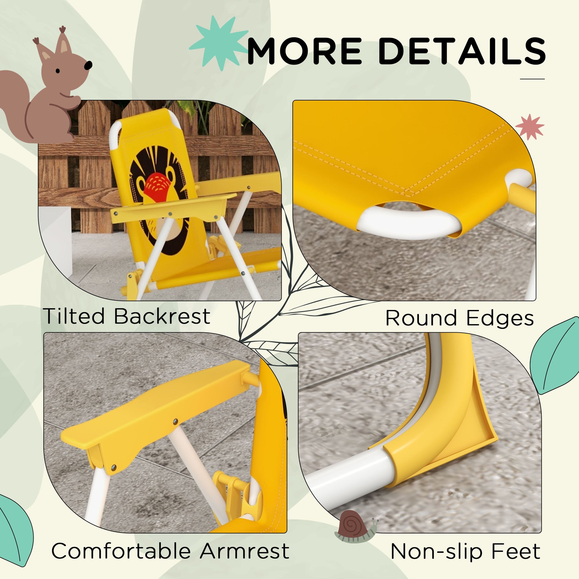 Outsunny Kids Picnic Table and Chair Set, Lion Themed Outdoor Garden Furniture w/ Foldable Chairs, Adjustable Parasol - Yellow - North Peak Garden Furniture