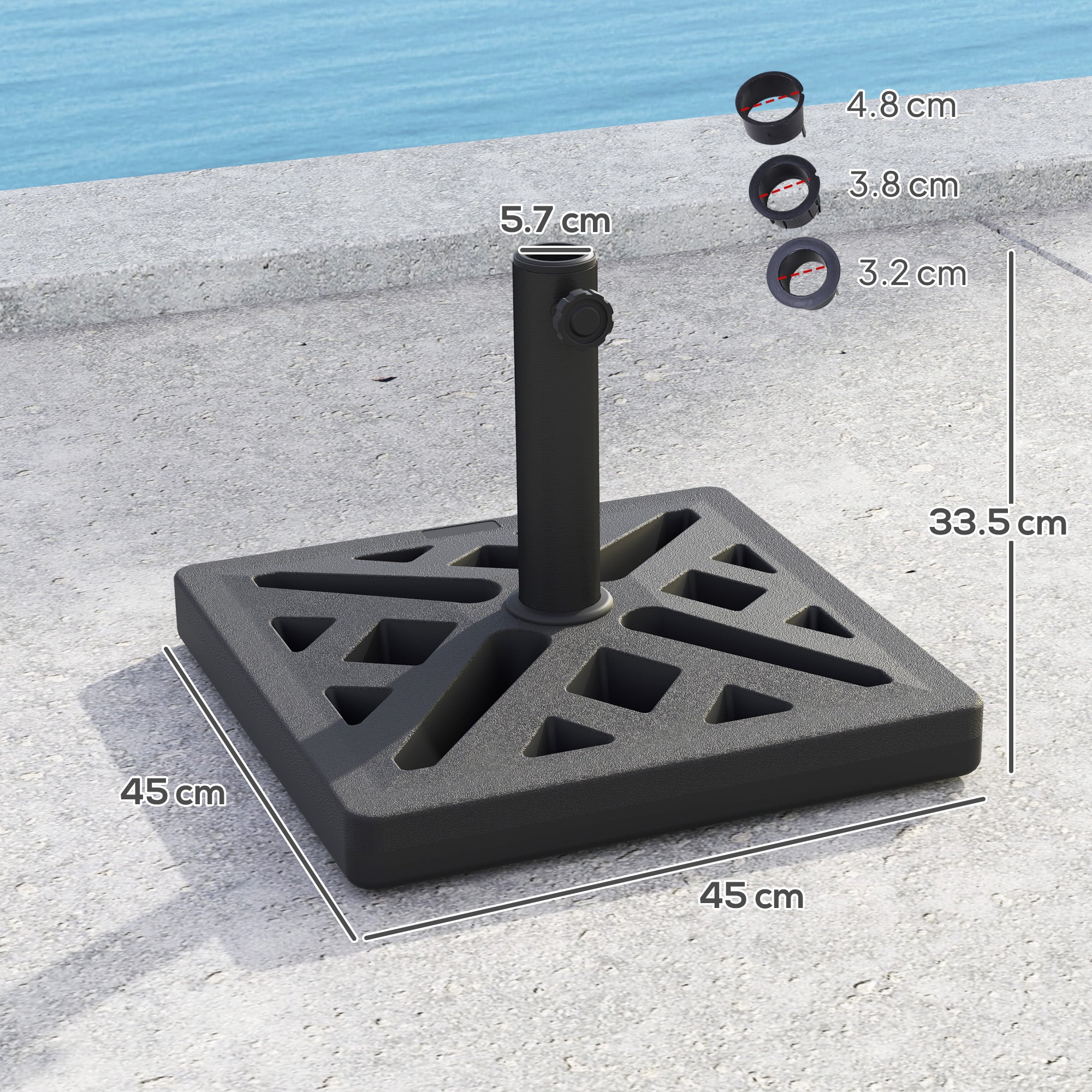 Outsunny Garden Parasol Base, 15kg HDPE Outdoor Umbrella Stand Parasol Stand with Cut-Out Design, Sun Umbrella Base for 32, 38, 48 mm Poles, Black - North Peak Garden Furniture