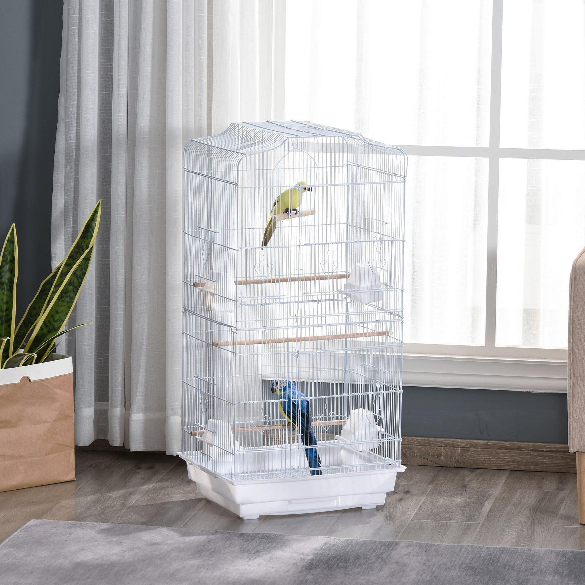 PawHut Large Metal Bird Cage with Stand, Perches, Food Bowls, Swing for Budgie, Parakeet, 46.5 x 35.5 x 92cm,White