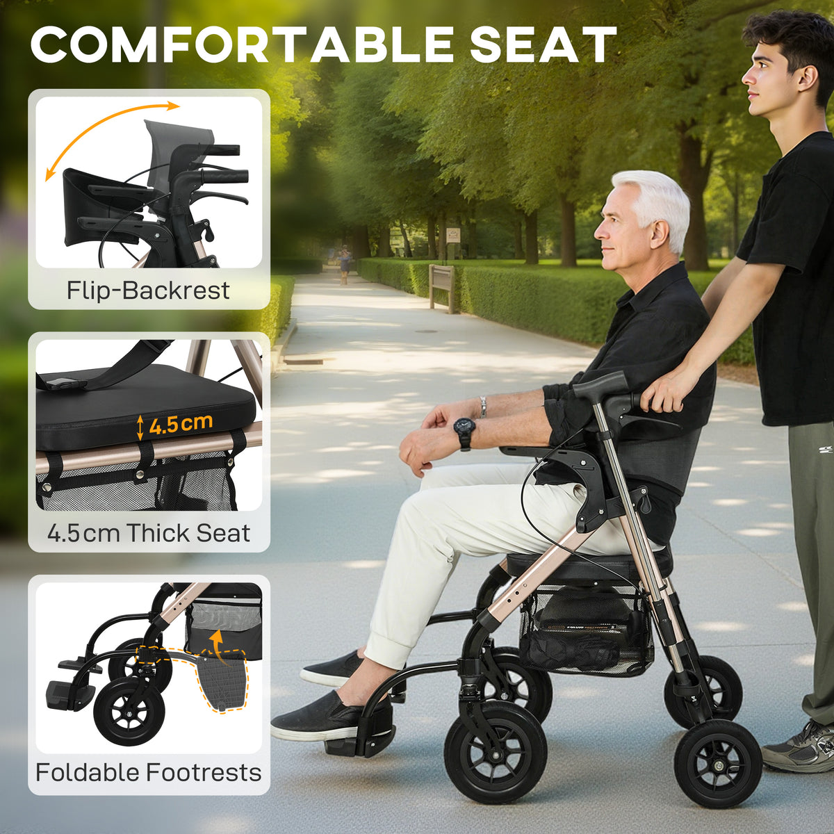 HOMCOM Rollator Walker Wheelchair, with Seat - Black