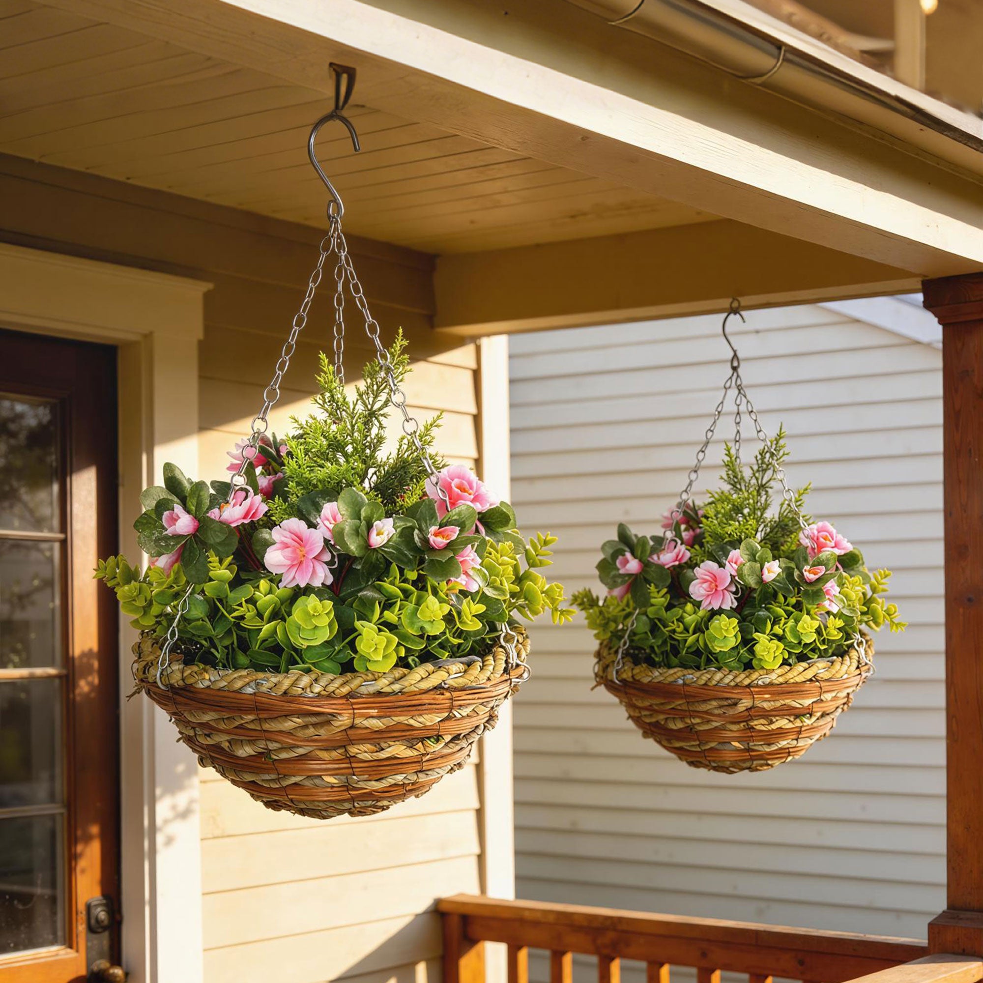 Outsunny Pack of 2 Faux Plant Artificial Lisianthus Flowers Hanging Planter with Basket for Indoor Outdoor Decoration, Pink